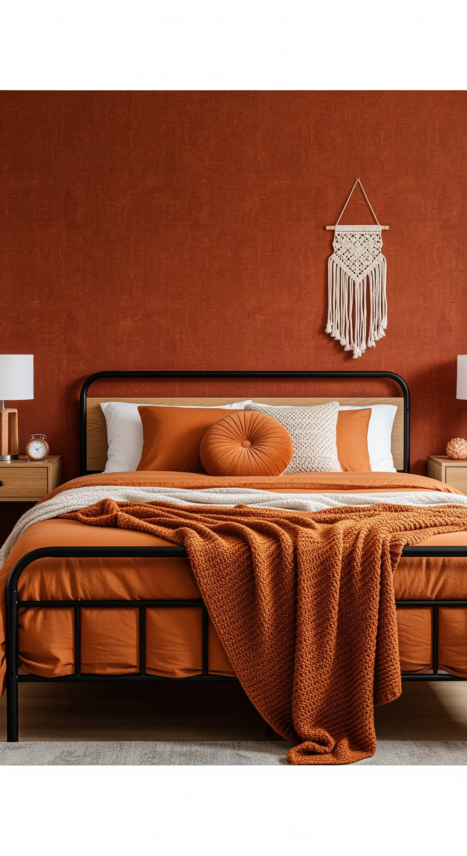Camera da letto con parete color ruggine, letto in metallo nero e tessuti caldi.