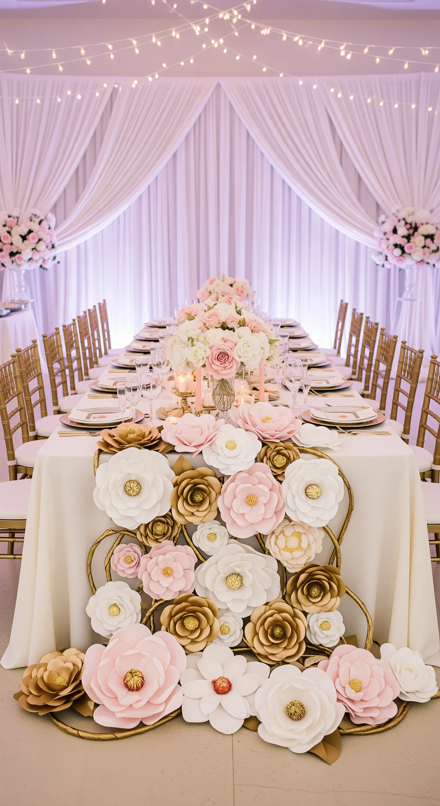 Runner di fiori di carta bianchi, rosa e oro su un lungo tavolo da ricevimento.