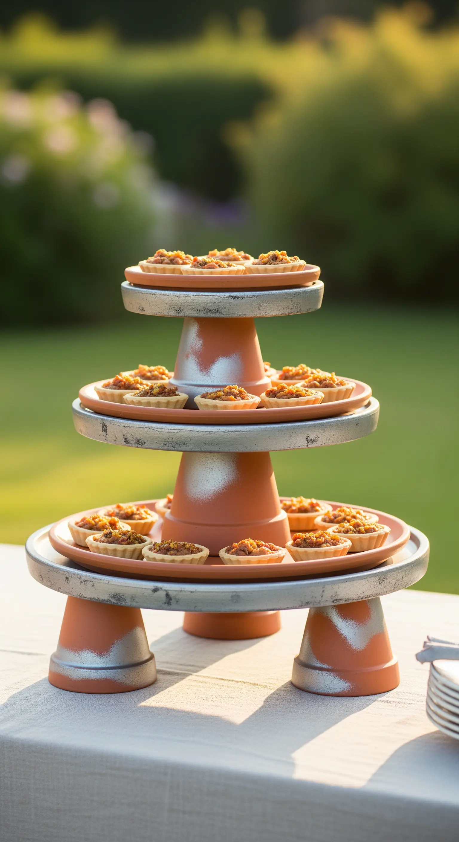 Alzata a tre livelli fatta con vasi di terracotta capovolti e vernice spray argento