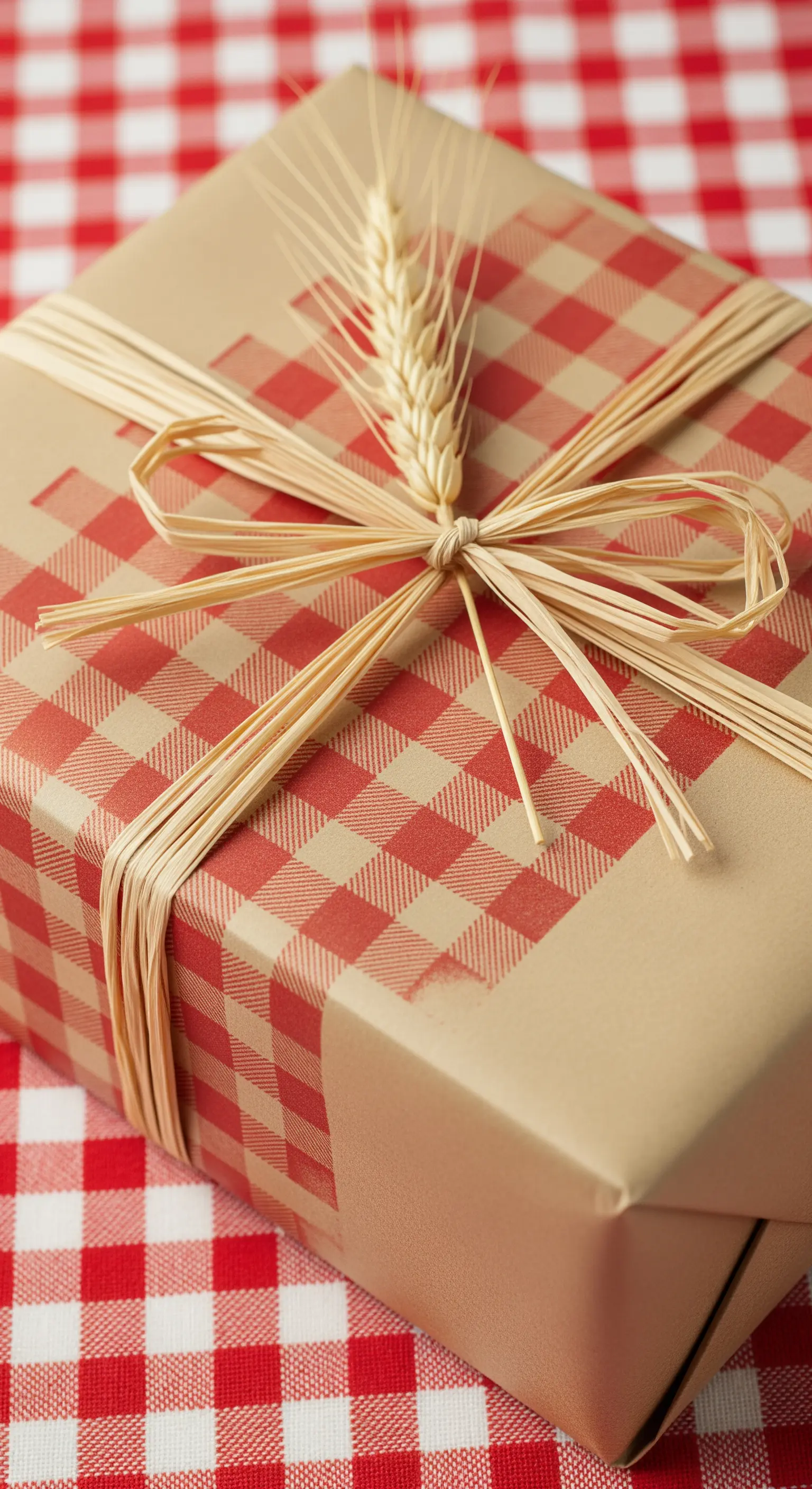 Regalo incartato con carta kraft e vichy rosso, legato con rafia e una spiga di grano.