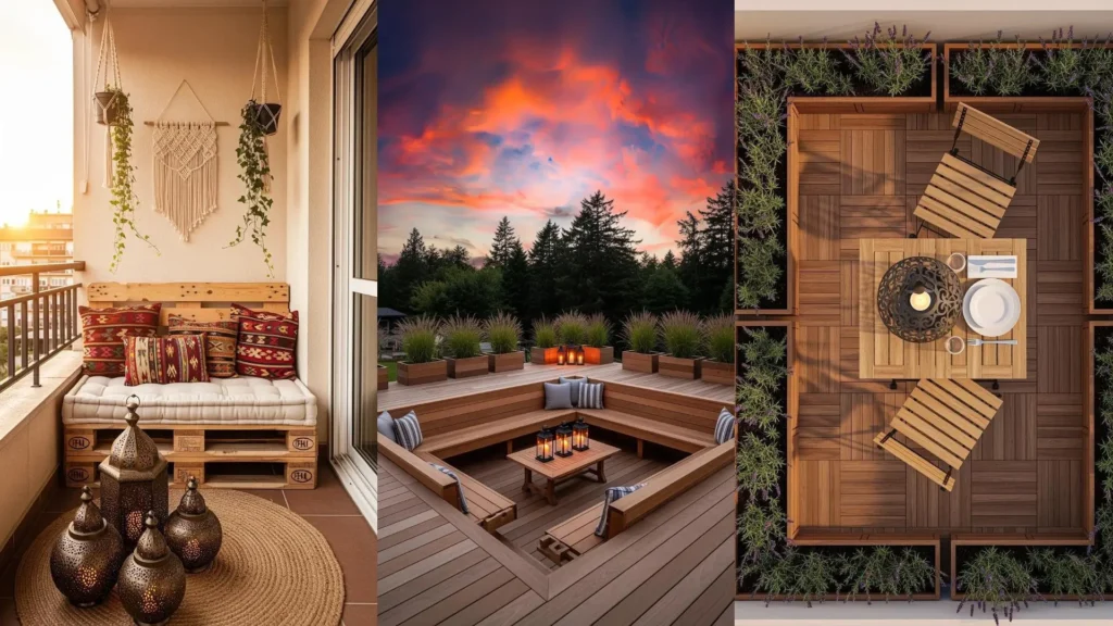 Tre balconi in stile rustico-contemporaneo con design in legno naturale, comodi divani e suggestive lanterne in ferro.