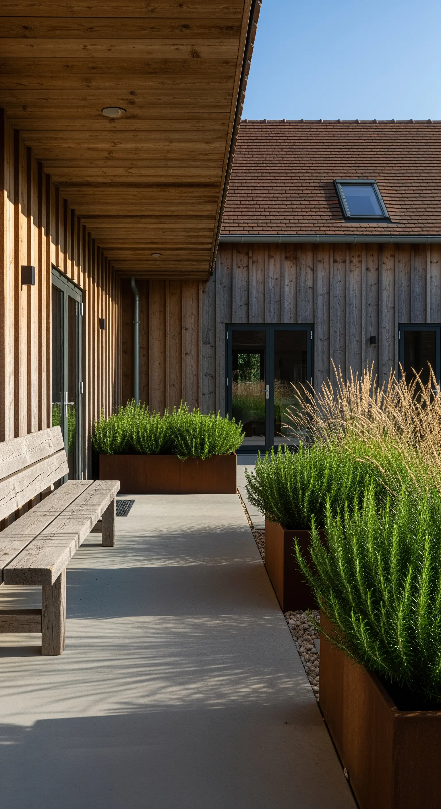 Veranda moderna con panca in legno, pavimento in cemento e fioriere in acciaio Corten con rosmarino.