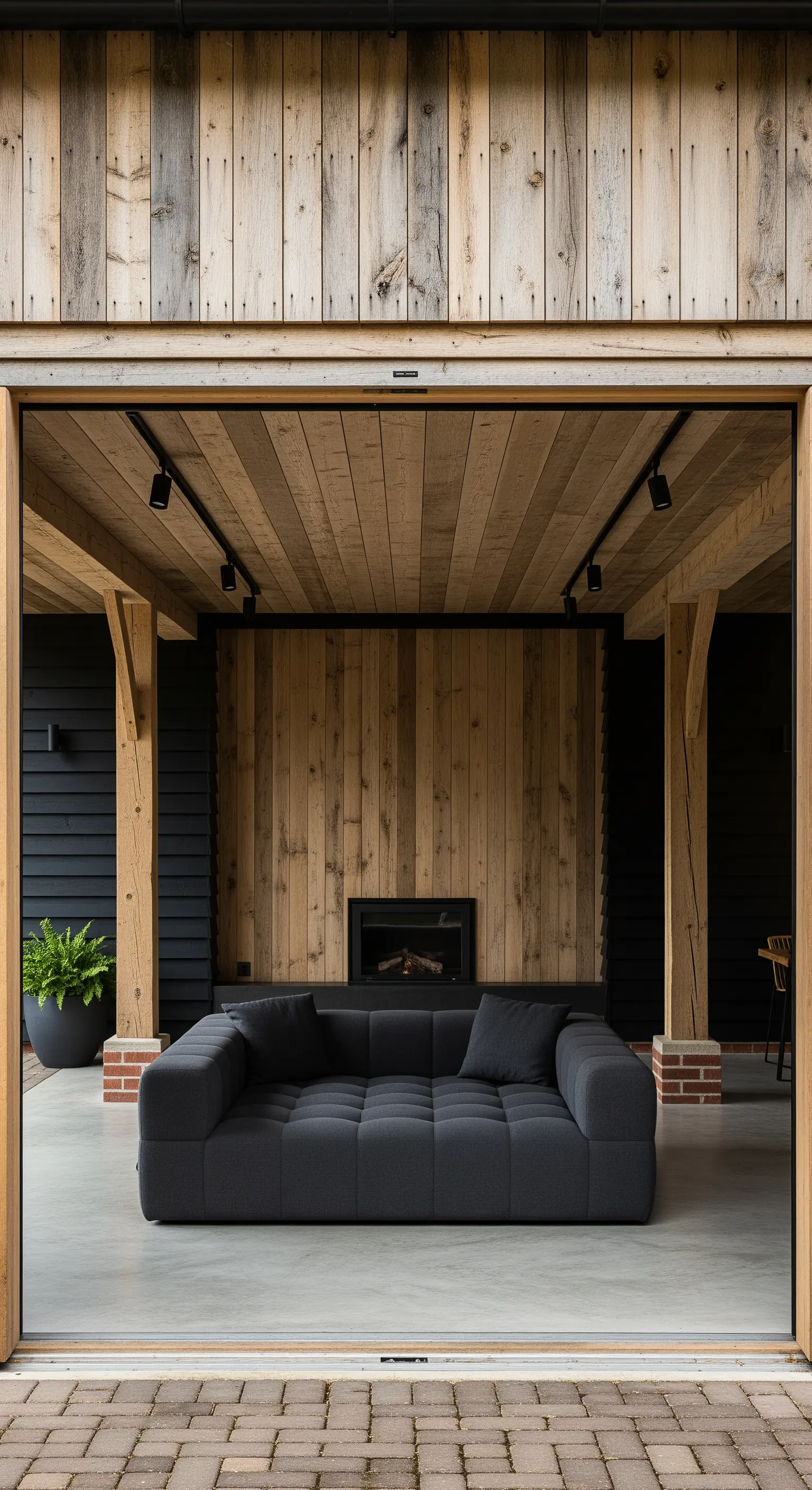 Portico rustico-moderno con pareti in legno di recupero, divano nero e pavimento in cemento