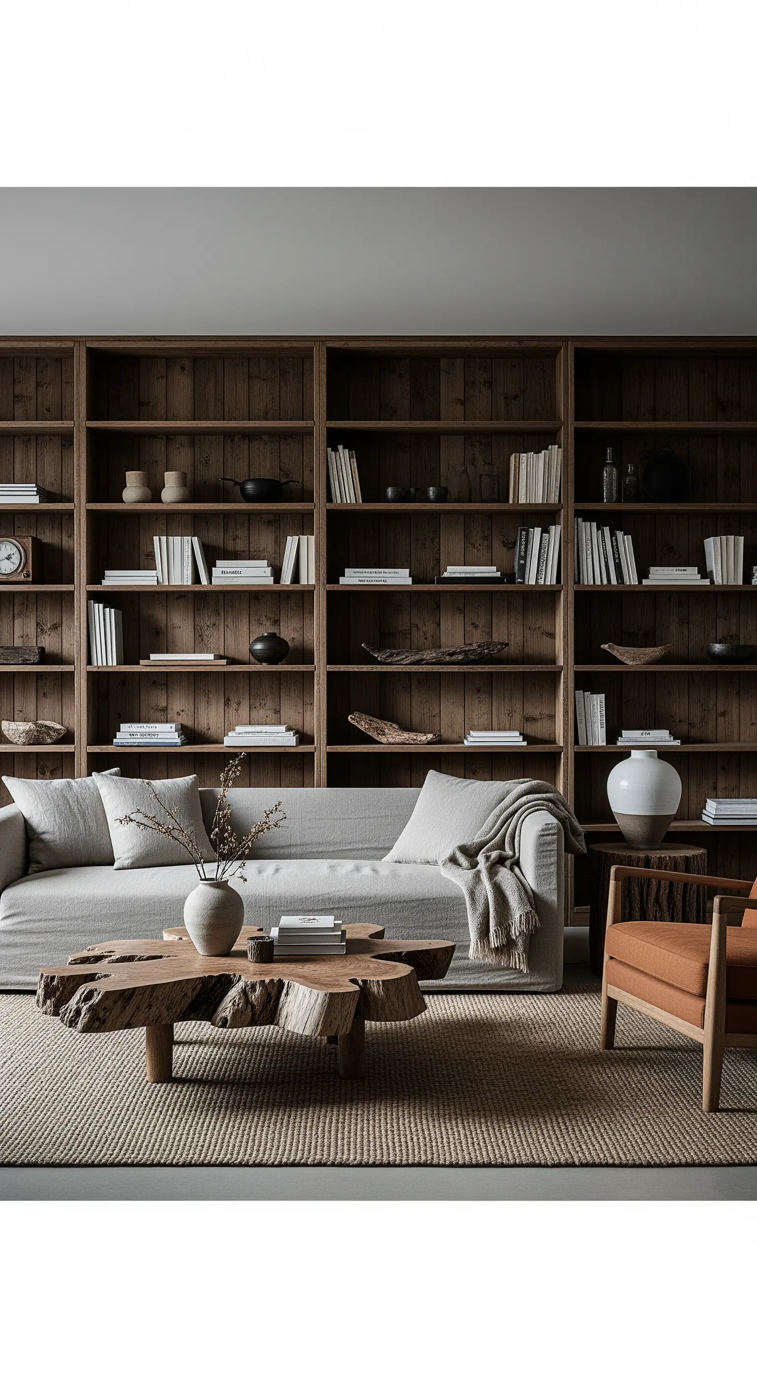 Salotto rustico moderno con libreria in legno scuro e tavolino da caffè organico.