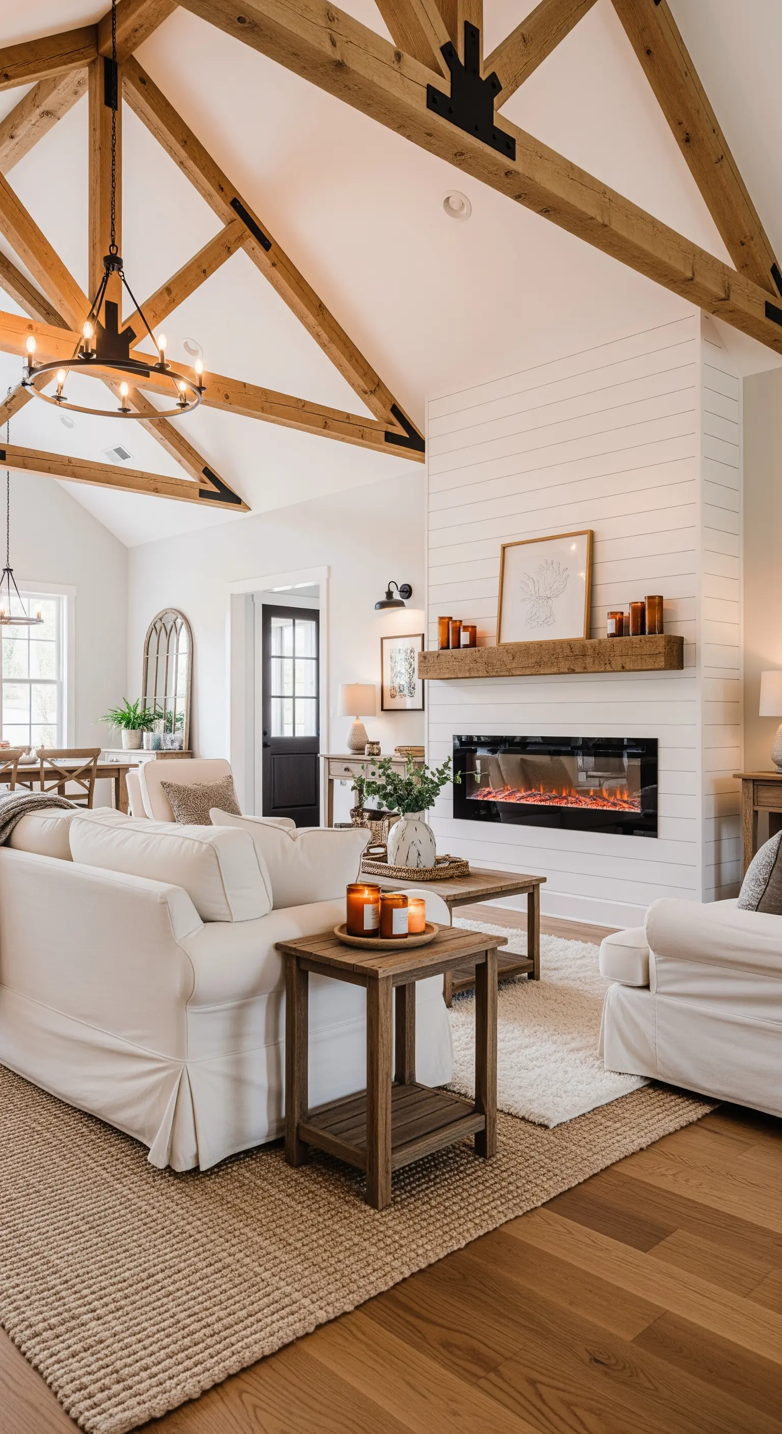 Soggiorno farmhouse con camino, travi in legno a vista e tappeto in juta.