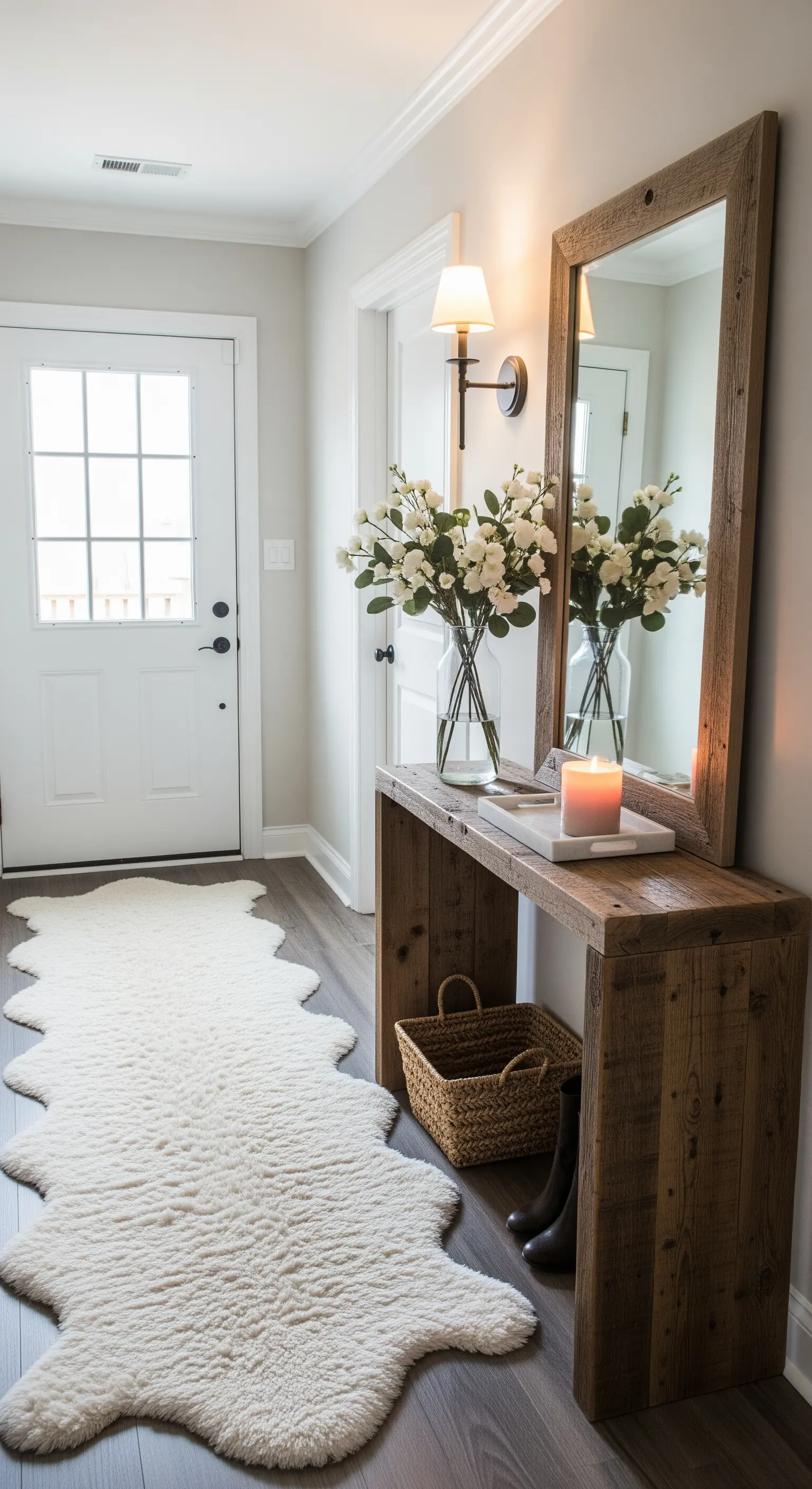 Ingresso moderno in stile rustico con consolle in legno e un runner in finta pelle di pecora.