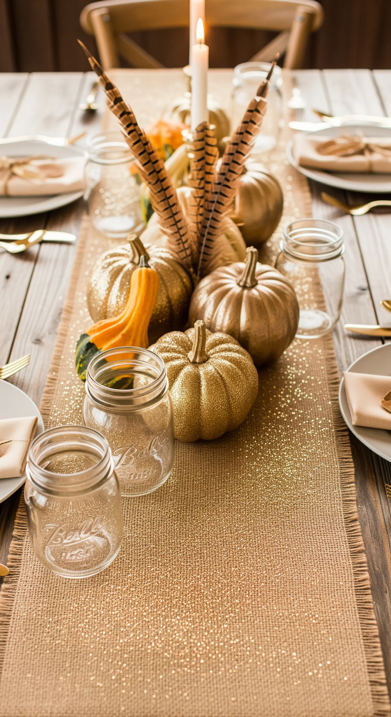 Runner di iuta con zucche dorate glitter e piume.