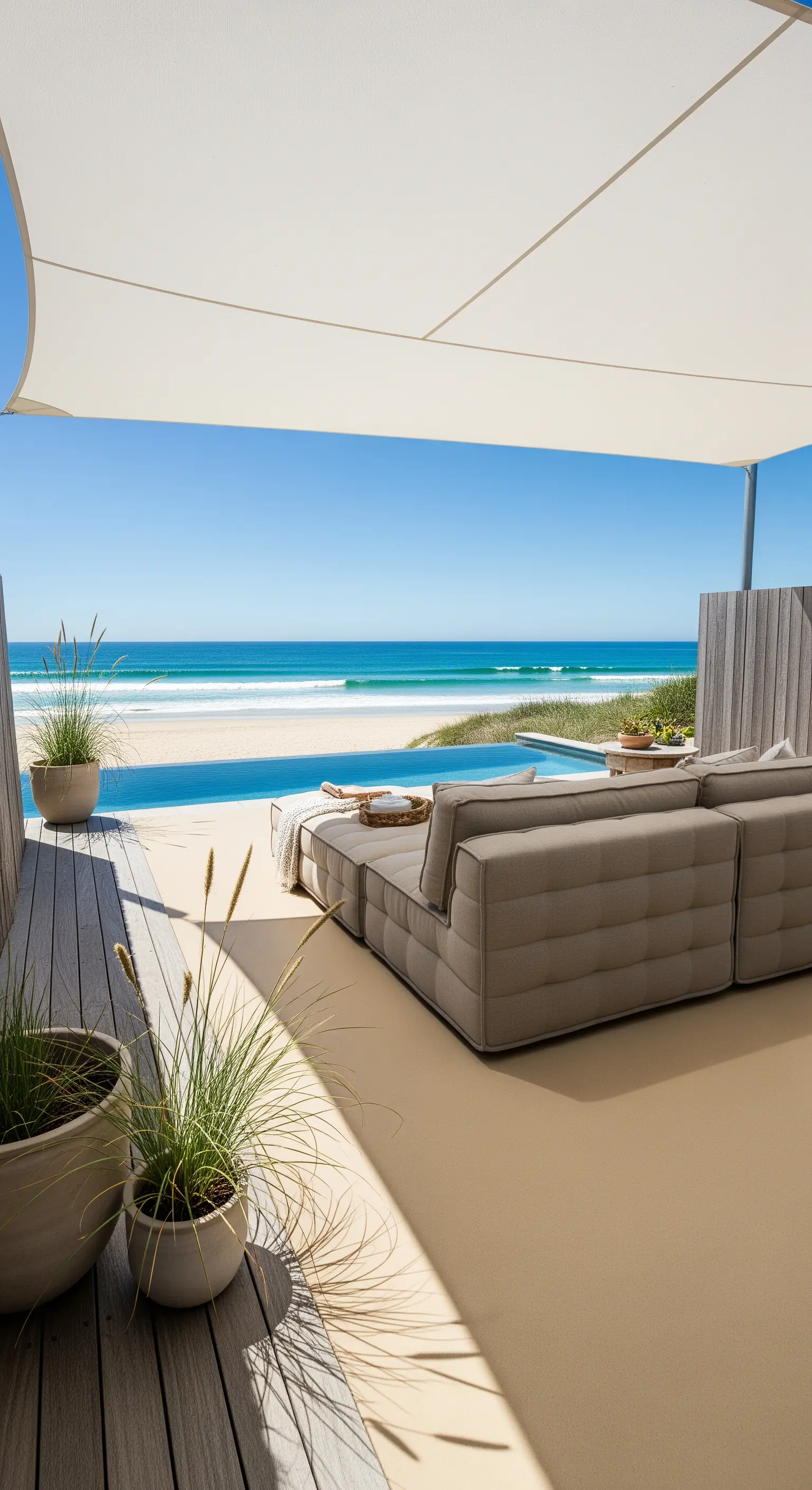Patio di una casa sulla spiaggia con pavimento in resina color sabbia e divano modulare.
