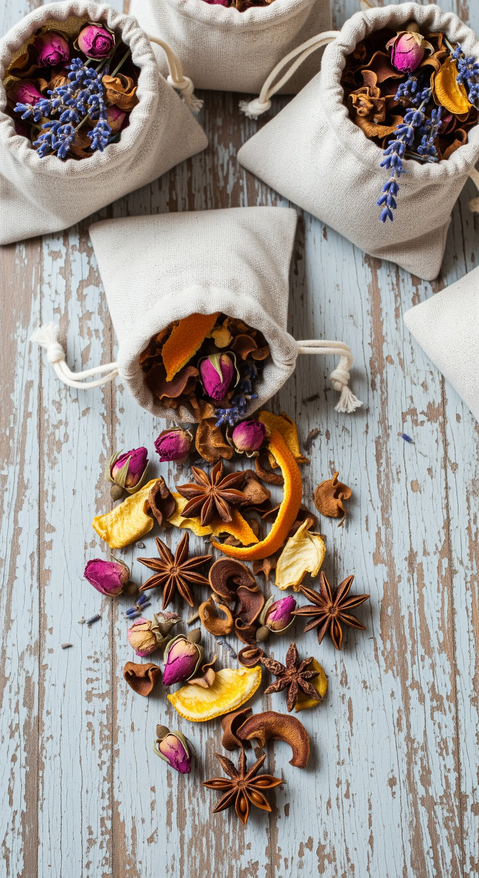 Sacchetti di lino con potpourri fatto in casa di fiori secchi, anice stellato e agrumi