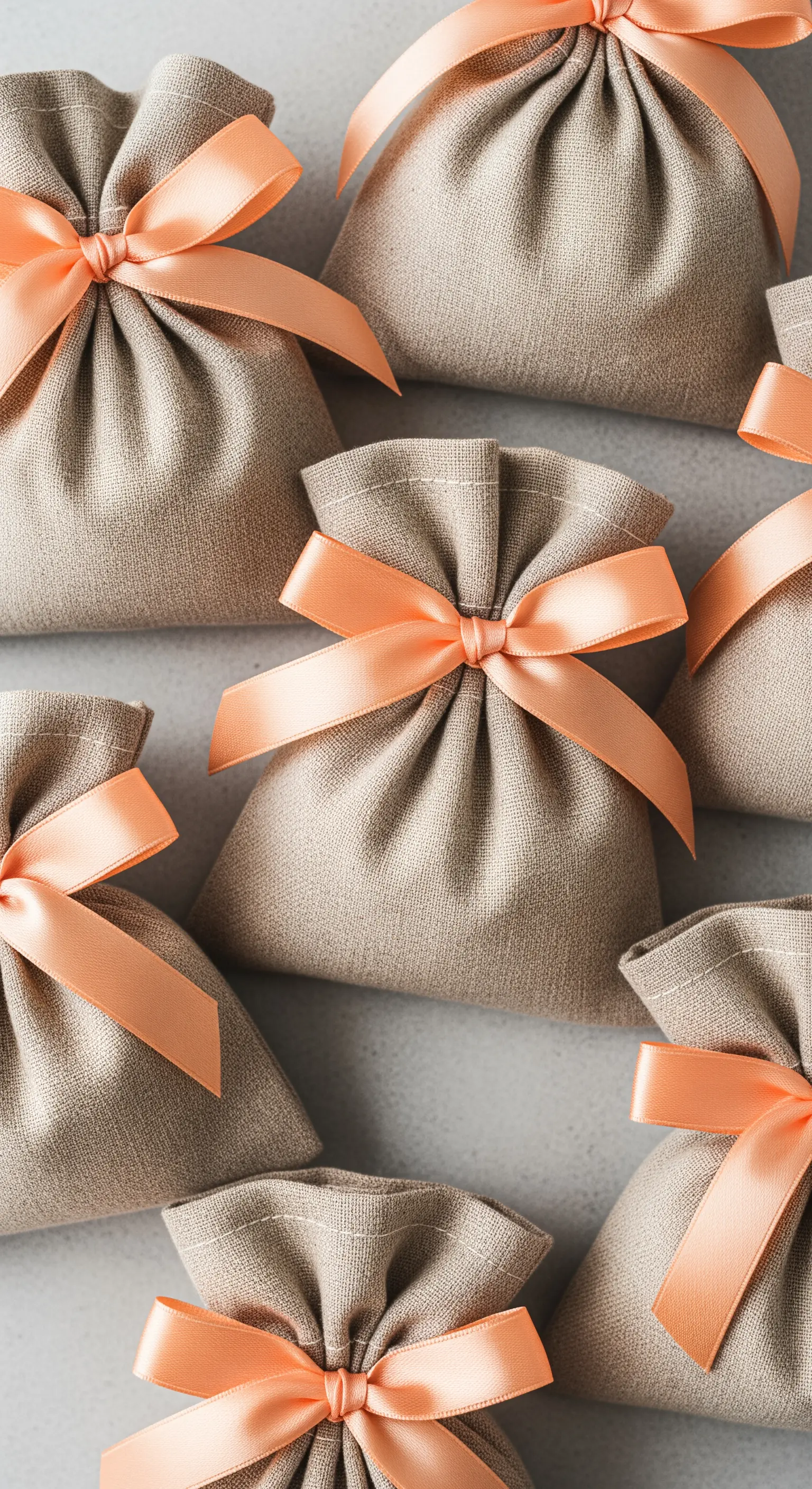 Sacchetti bomboniera in lino grezzo chiusi con un fiocco color pesca.