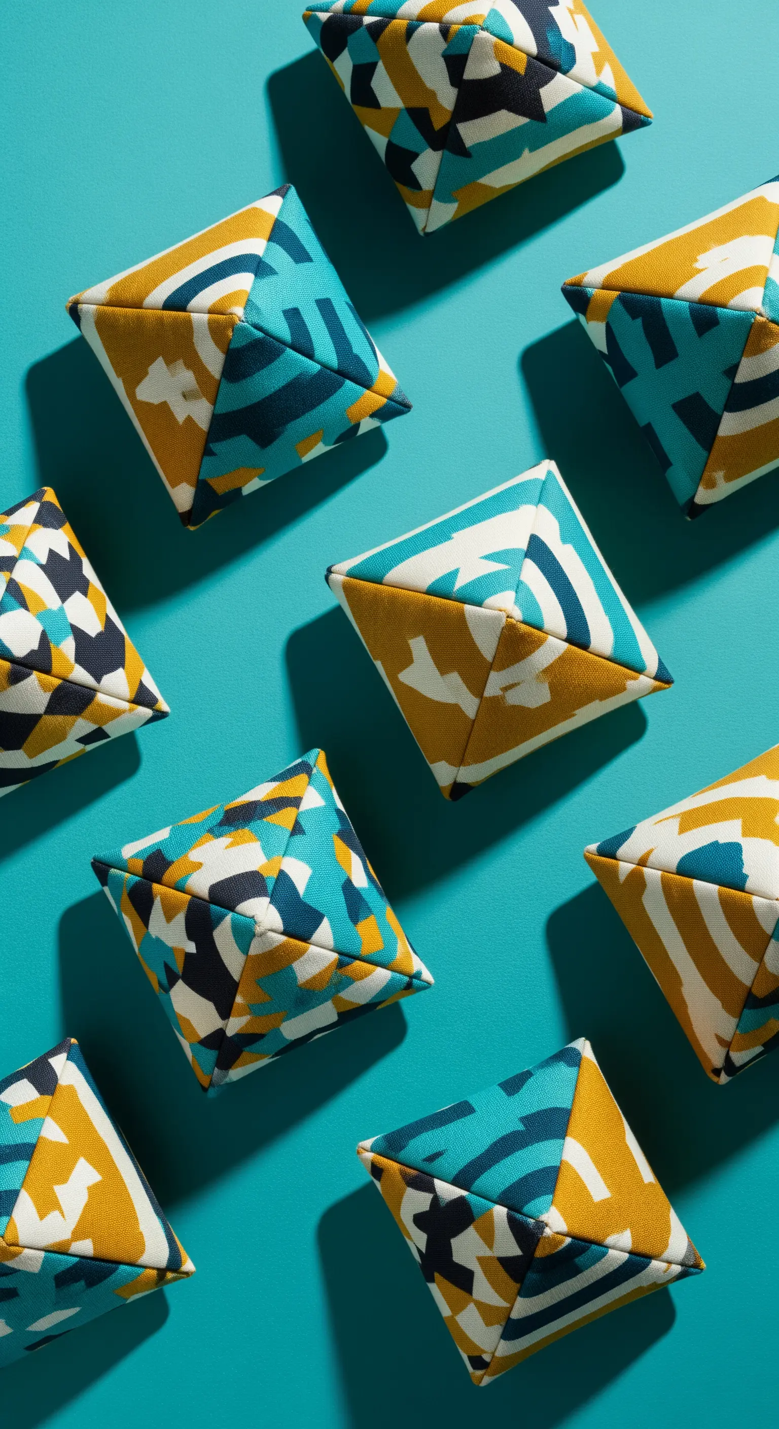 Tanti piccoli sacchetti profumati a forma di piramide con un motivo geometrico blu e giallo.