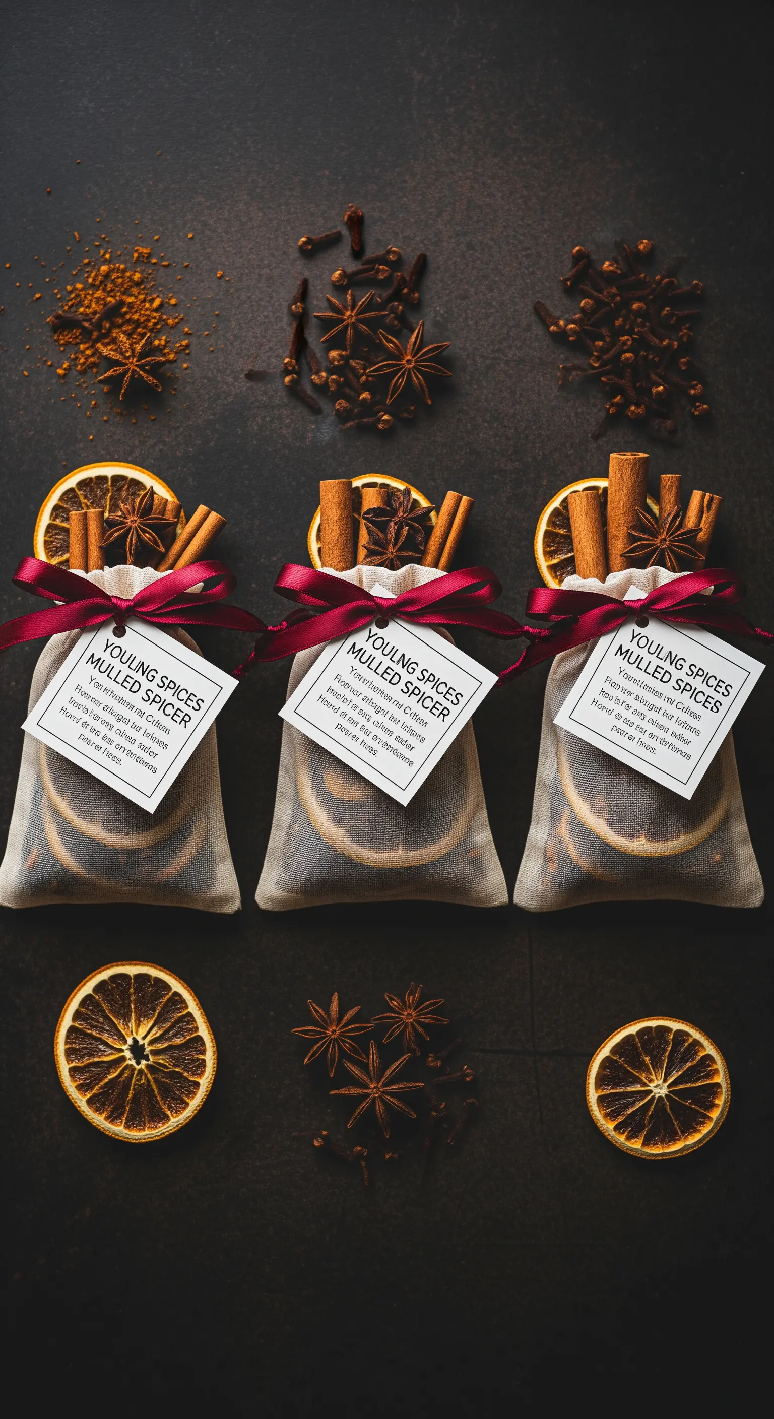 Sacchettini di spezie per vin brûlé con etichette personalizzate e nastri rossi.