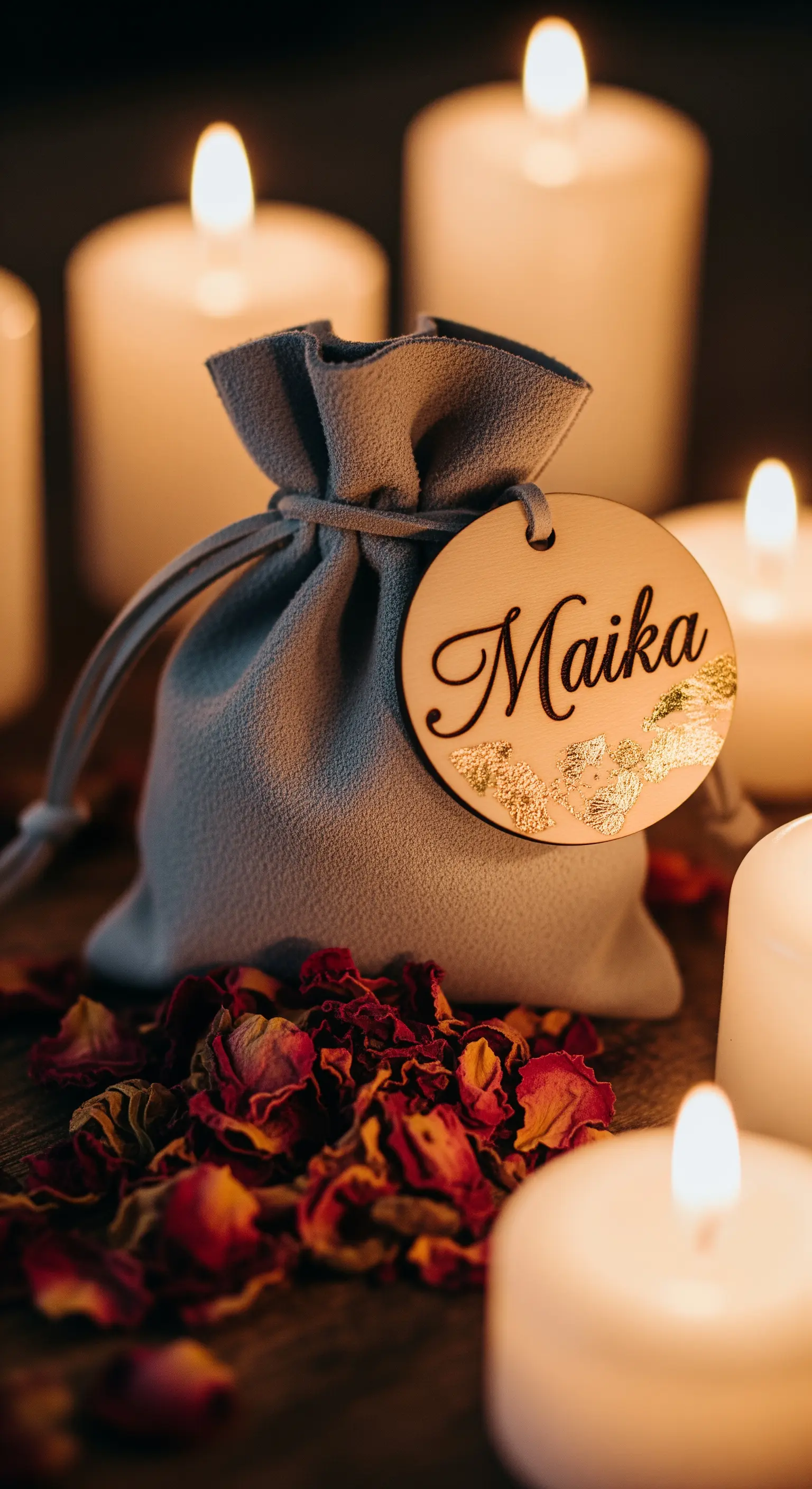 Sacchetto grigio chiuso con un cordino, con un'etichetta rotonda in legno con nome e dettagli dorati.