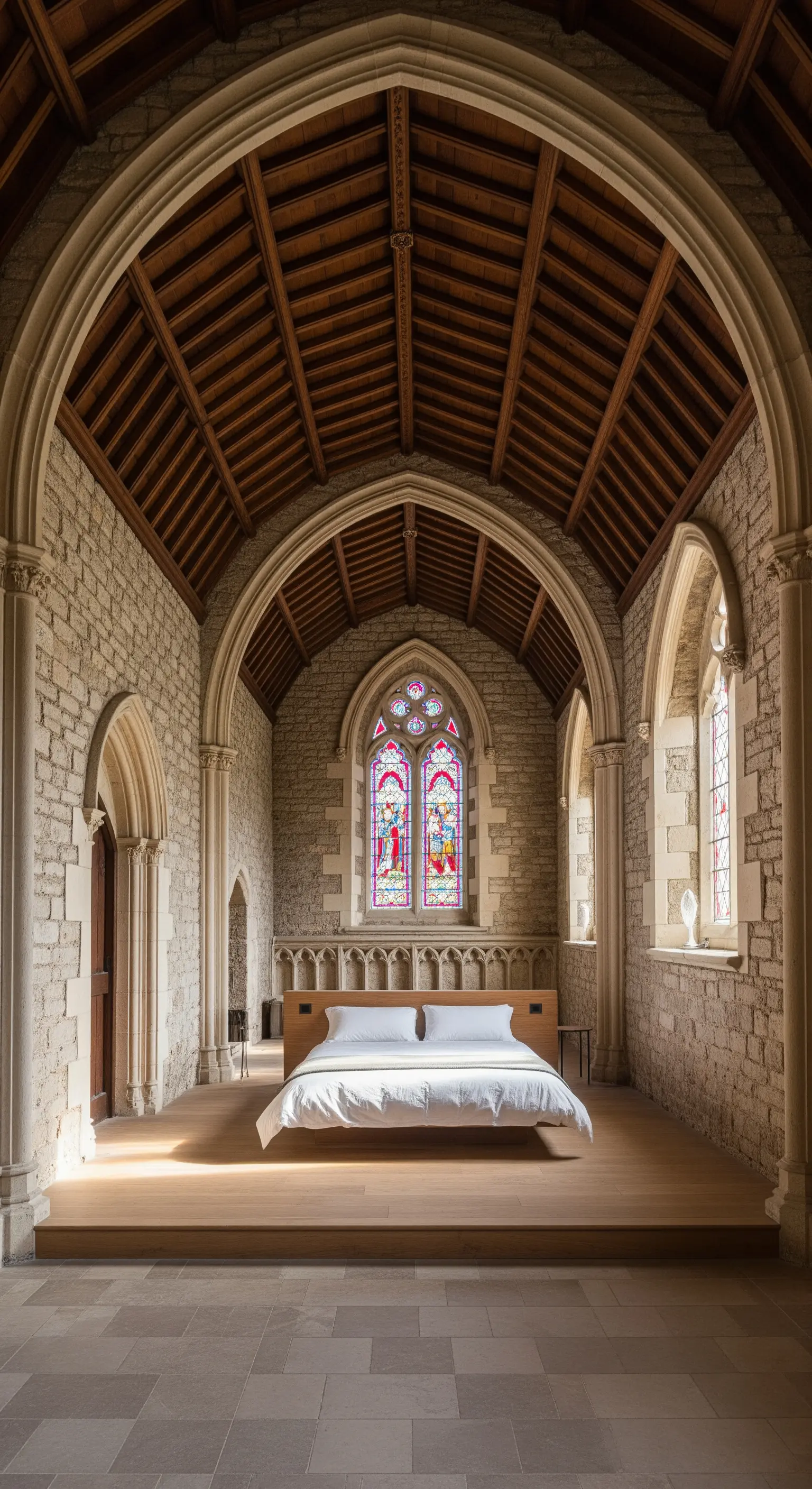 Camera da letto minimalista all'interno di una chiesa con volte in pietra e vetrate colorate.