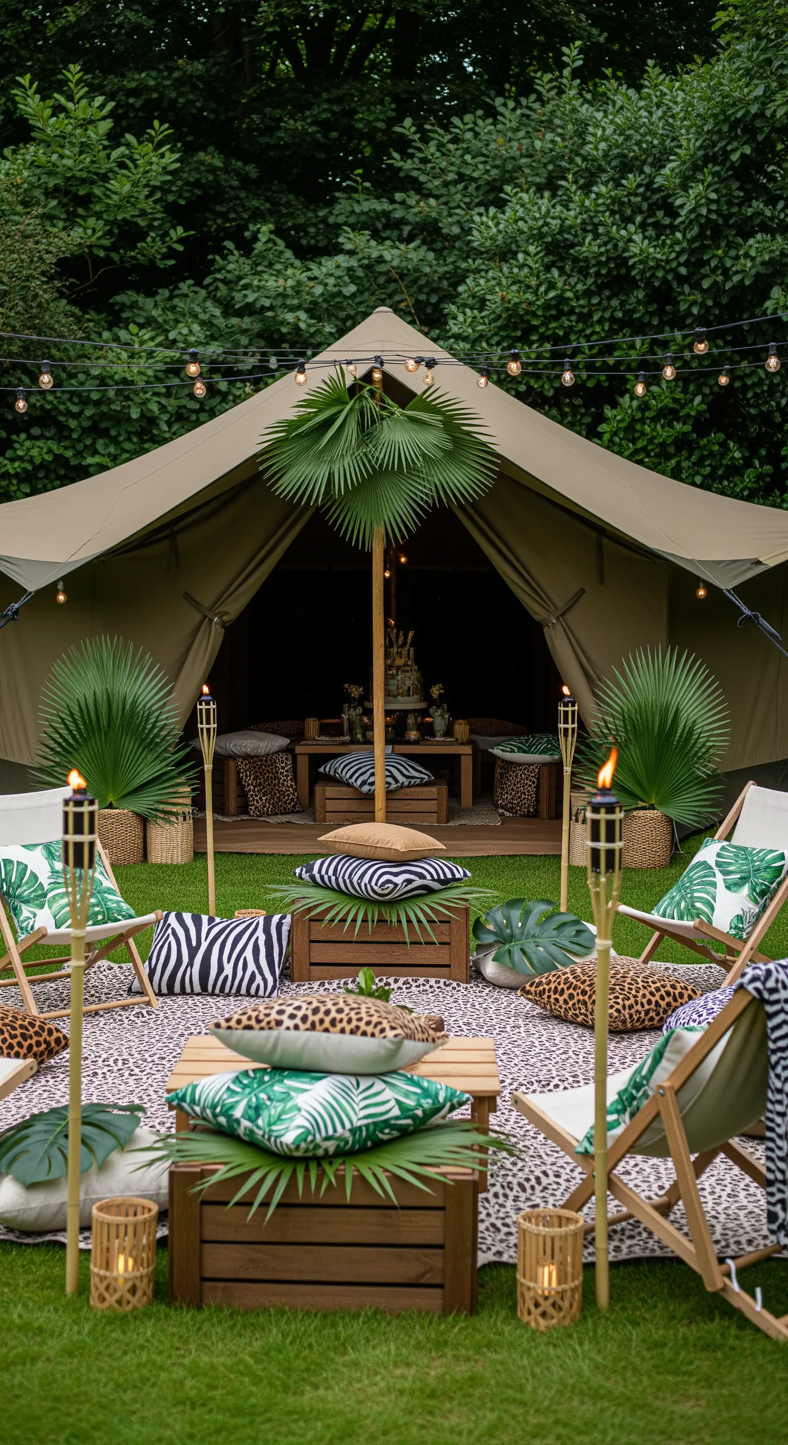 Allestimento a tema safari con tenda kaki, cuscini animalier, piante tropicali e torce tiki.