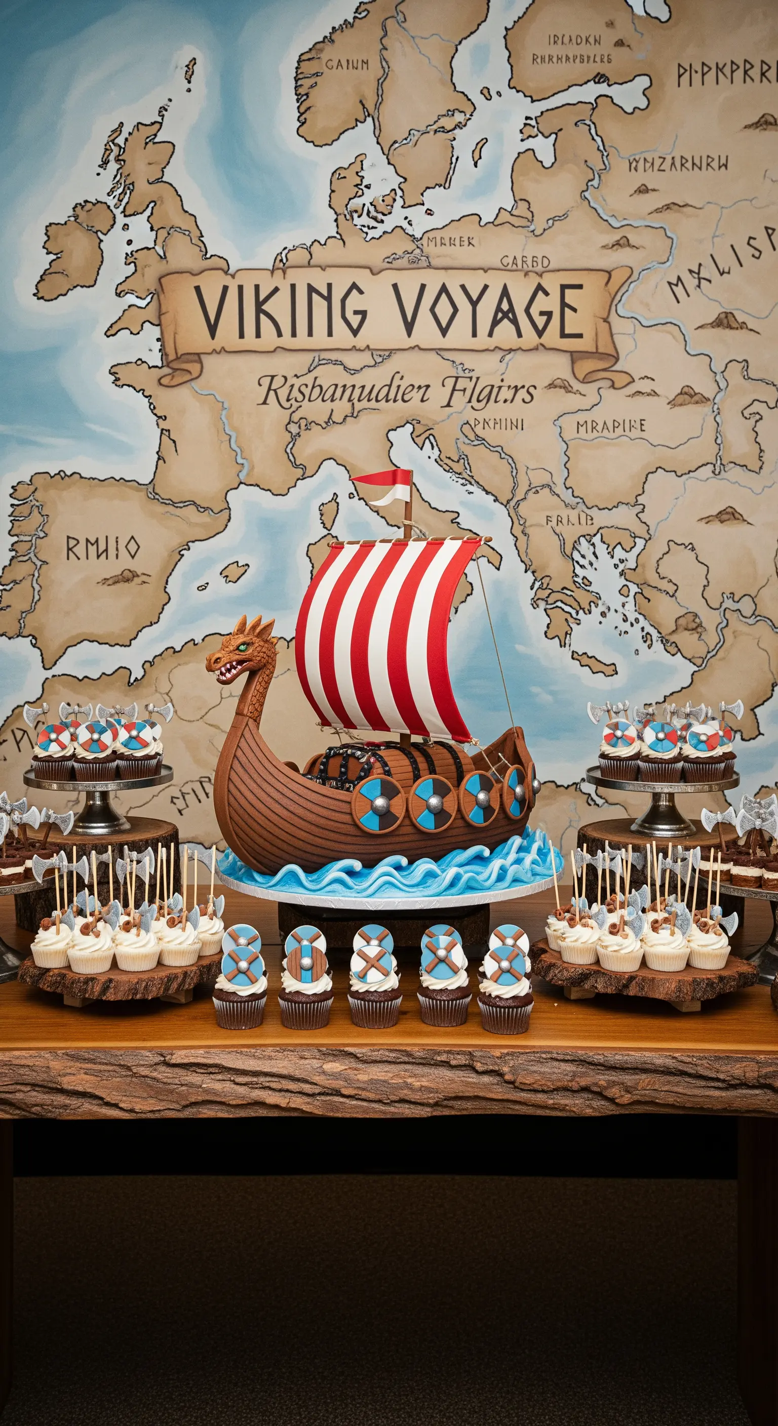 Sweet table a tema vichingo con torta a forma di drakkar, sfondo con mappa e dettagli in legno