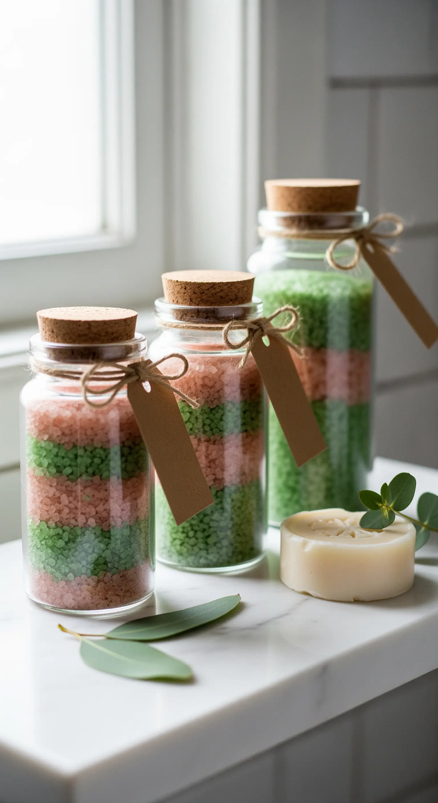 Barattoli di vetro con tappo in sughero riempiti di sali da bagno colorati a strati rosa e verdi.
