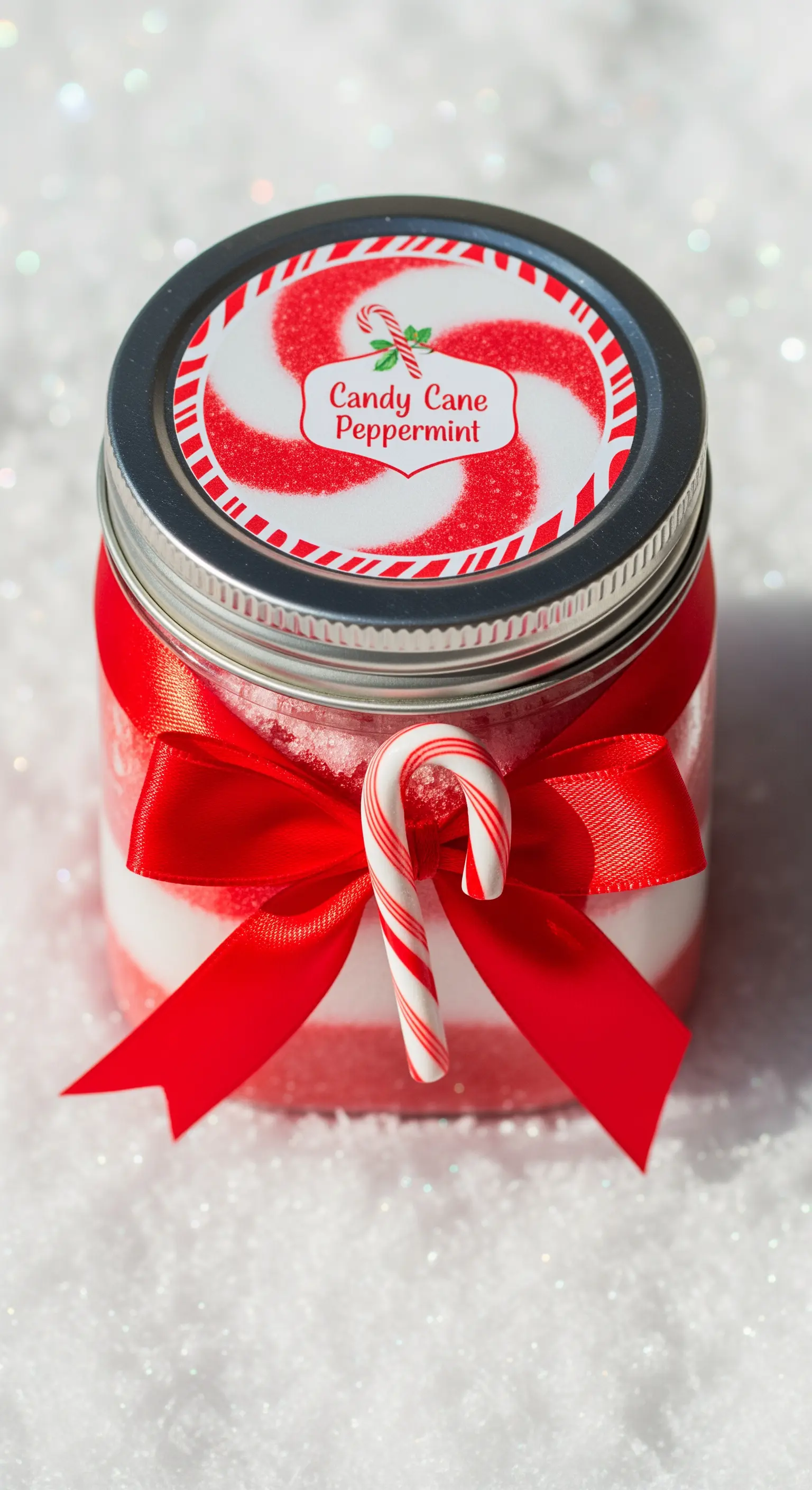 Barattolo di sali da bagno a strati bianchi e rossi, decorato con un fiocco.