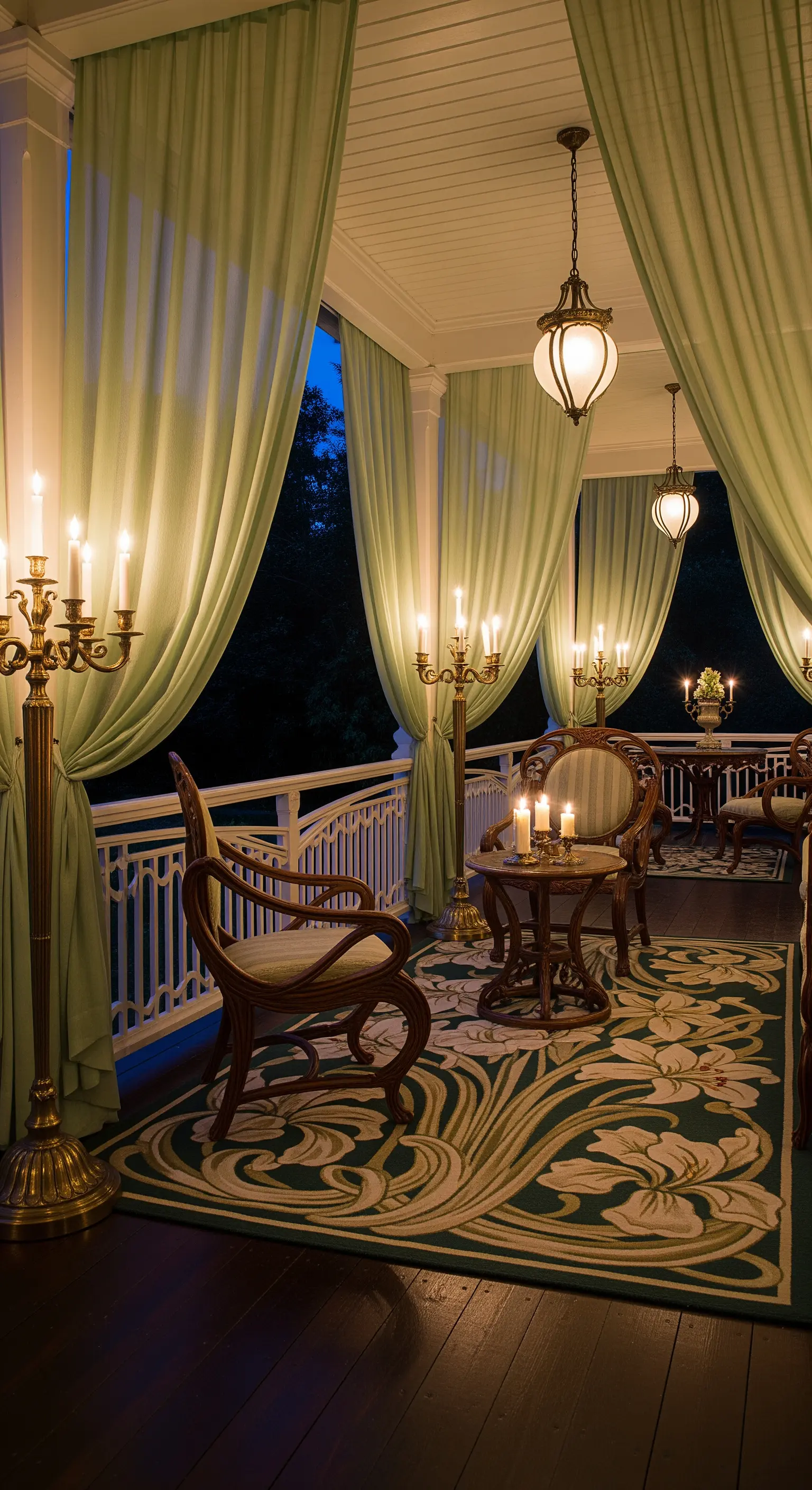 Elegante veranda con tende verde salvia, mobili classici e candelabri in ottone.