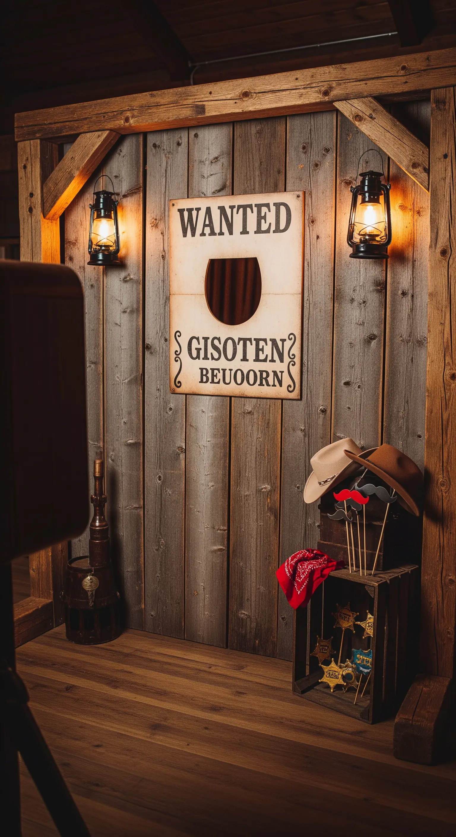 Photo booth a tema western con parete in legno, poster da ricercato e lanterne calde.