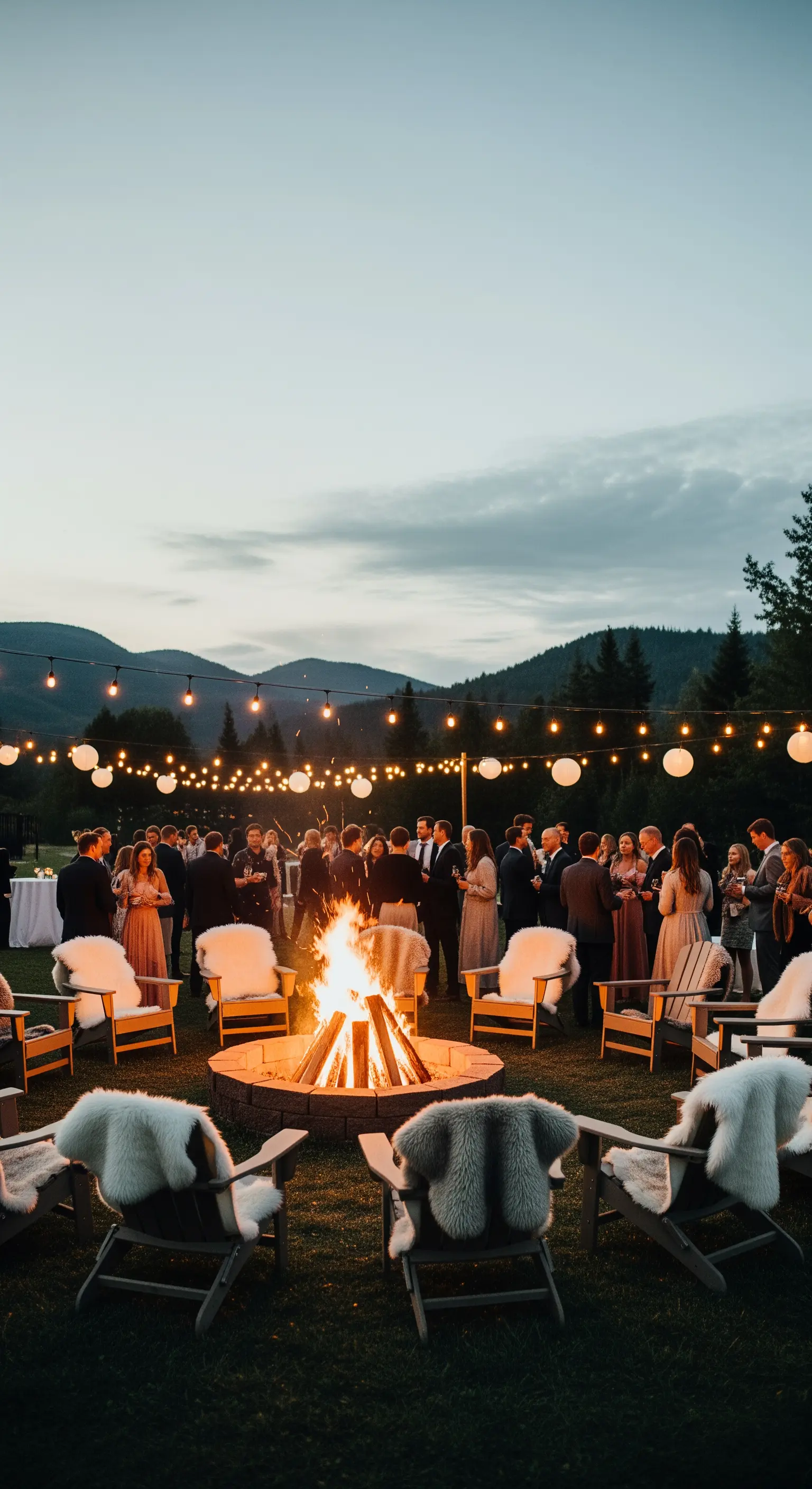 Area lounge esterna con sedie e pelli di pecora attorno a un fuoco, sotto luci a stringa.