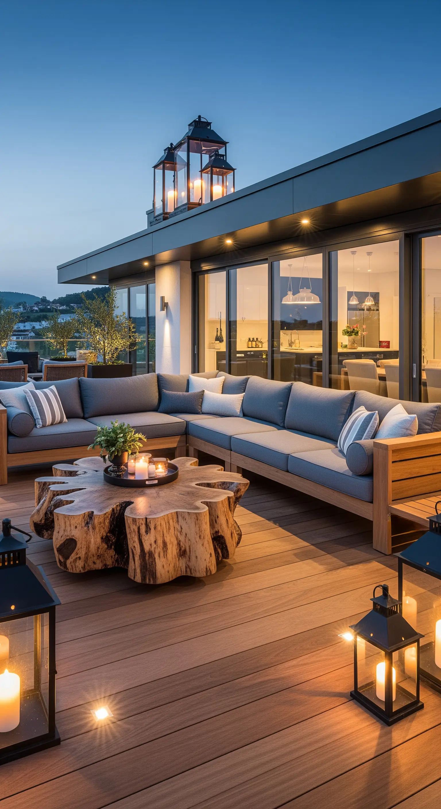 Terrazza moderna con divano angolare, tavolino in legno massiccio e lanterne.