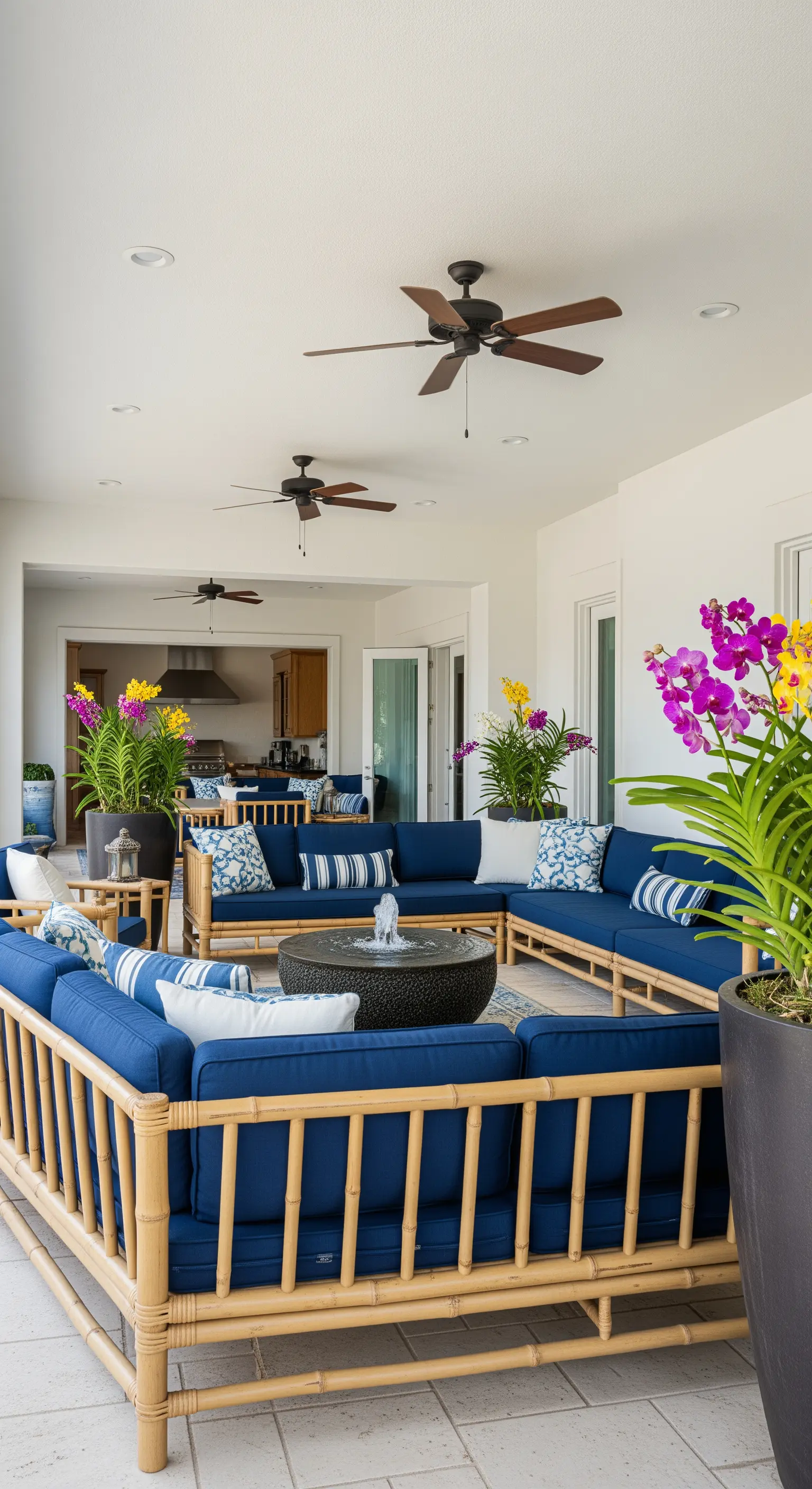 Grande patio coperto con divano componibile in bambù blu e tavolino-fontana centrale.