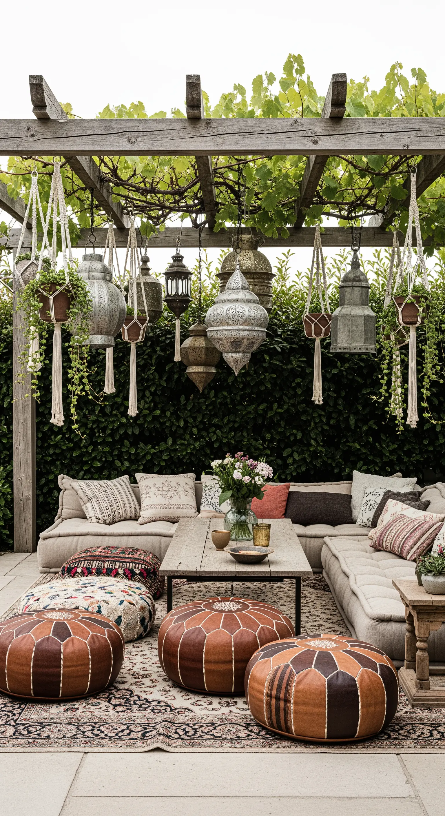 Lounge bohémien con tappeti, pouf in pelle, lanterne marocchine e piante sospese