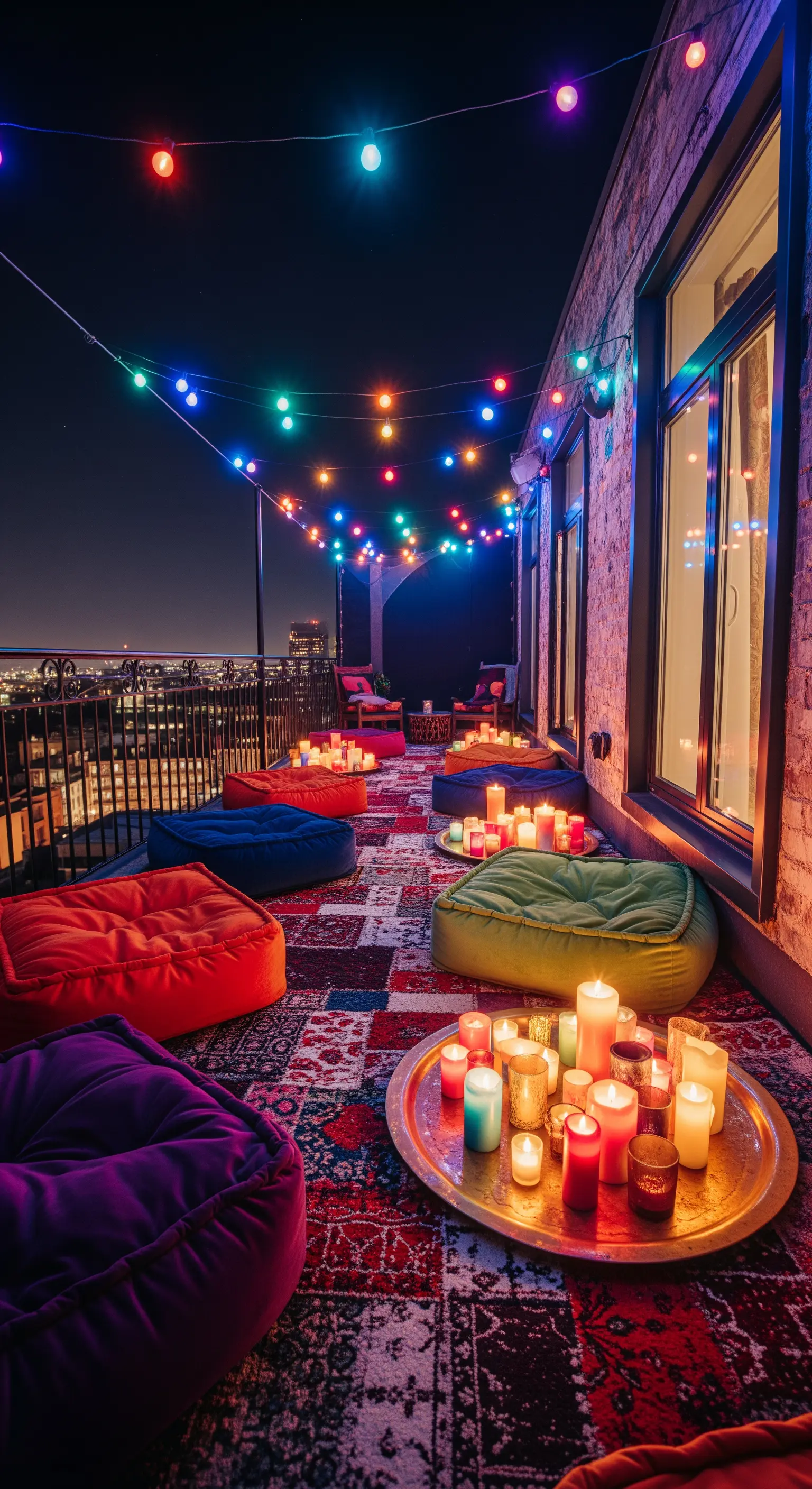 Terrazza con cuscini da terra colorati, tappeto patchwork e luci multicolore.