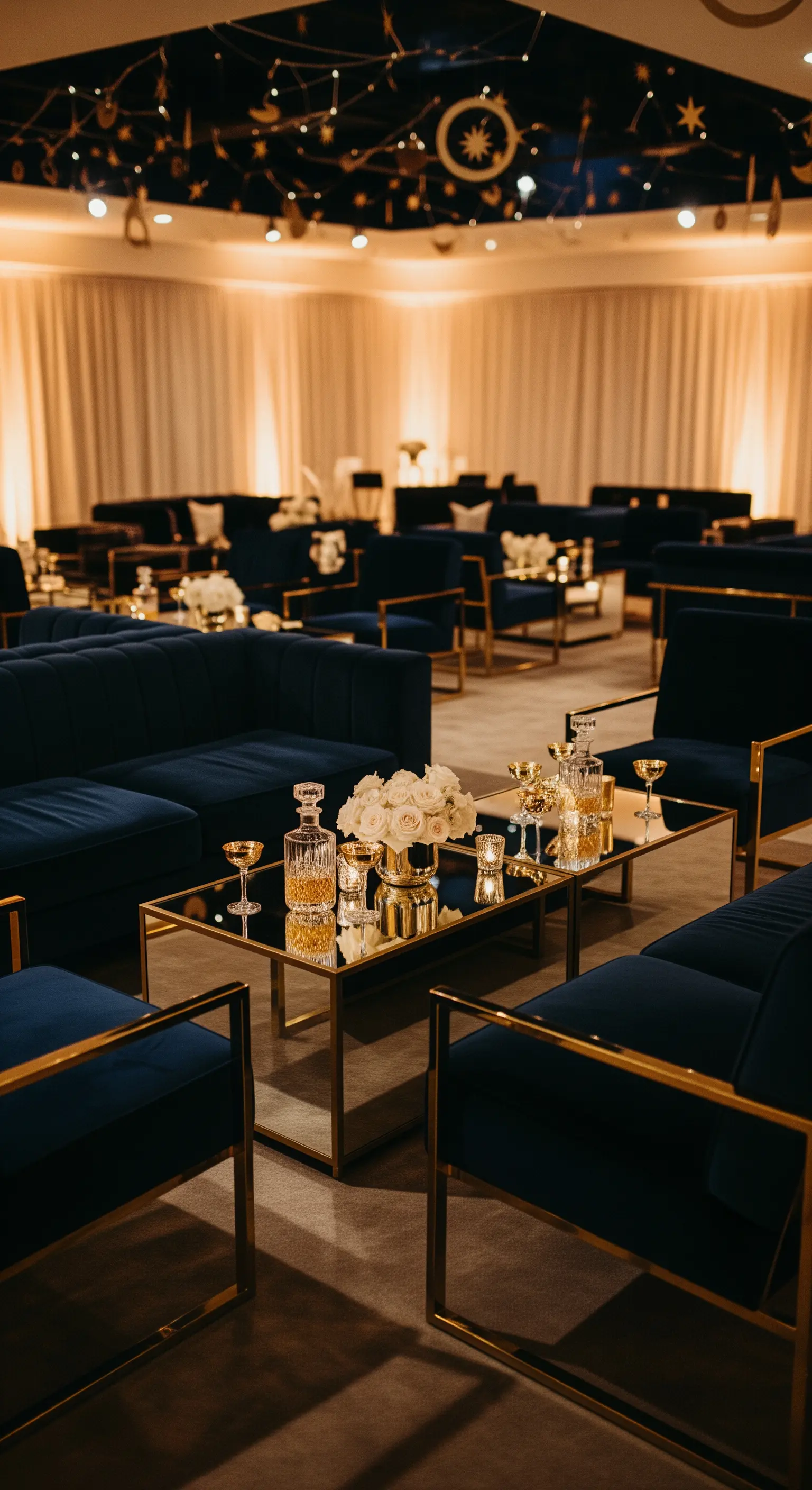 Area lounge con divani in velluto blu, tavolini a specchio e proiezione di stelle sul soffitto.