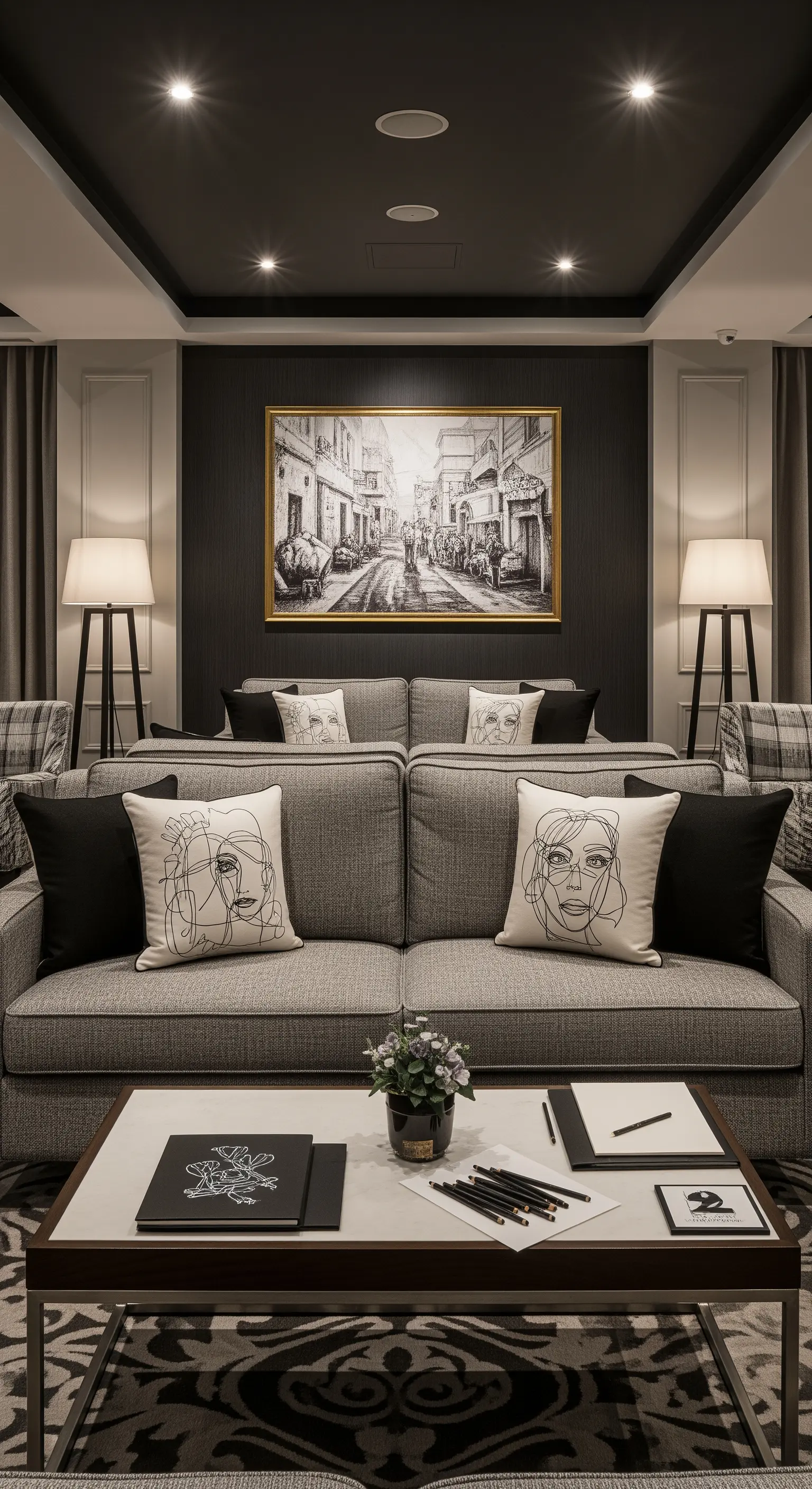 Area lounge con divani grigi e cuscini decorati con volti disegnati in stile line art.