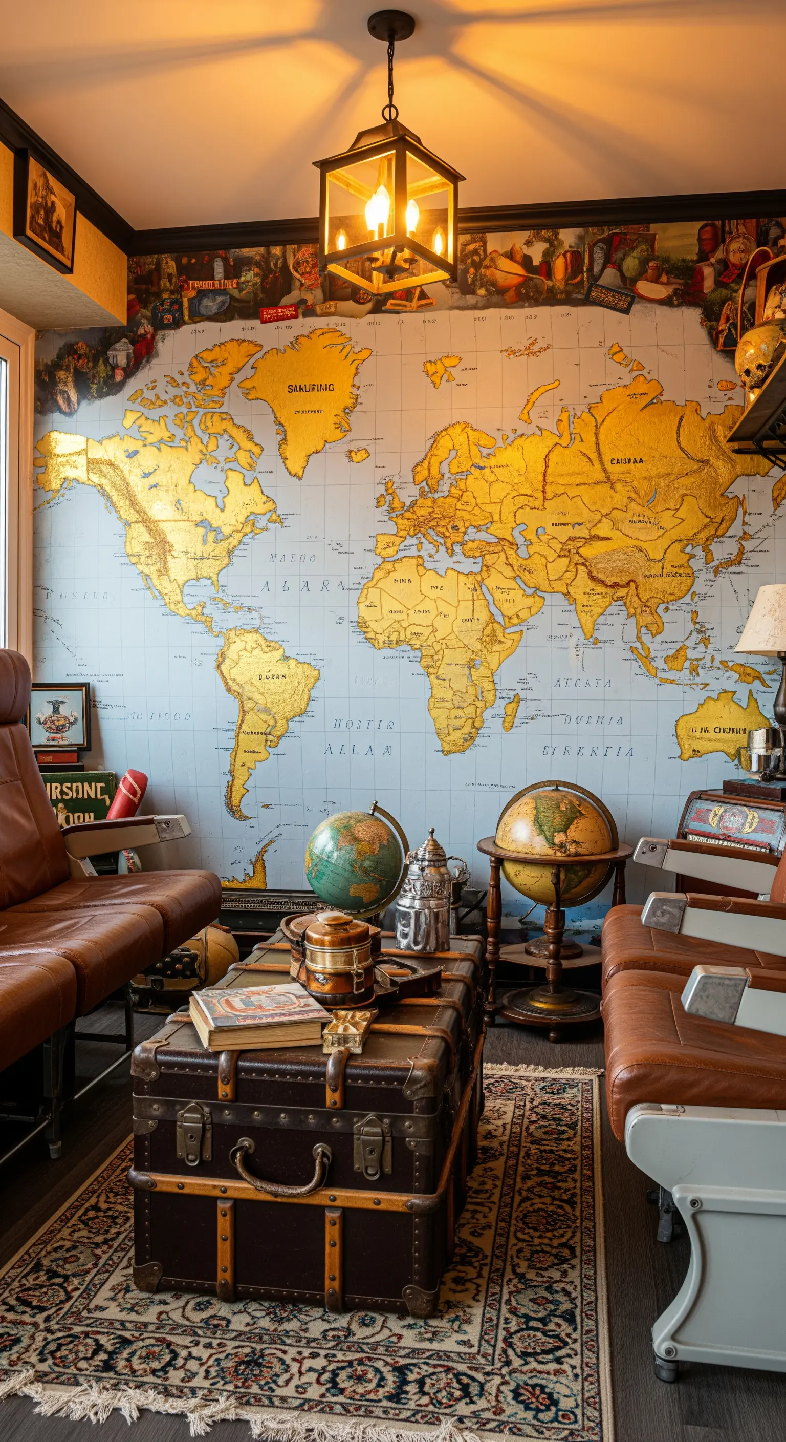 Veranda a tema viaggio con murale di una mappa del mondo, baule da viaggio e poltrone in pelle.