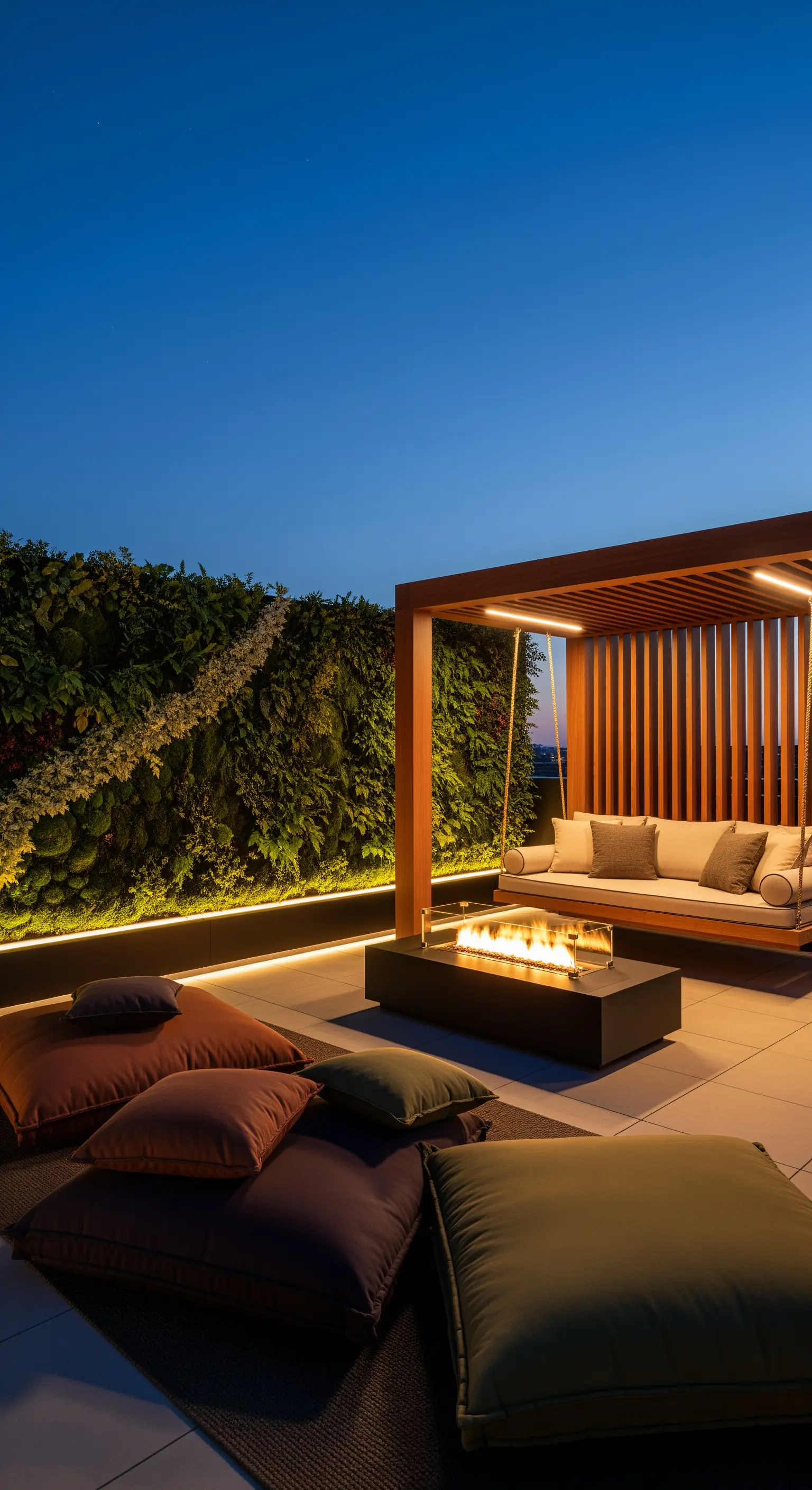 Terrazzo con dondolo-divano sotto una pergola, braciere e cuscini a terra, con parete verde illuminata.