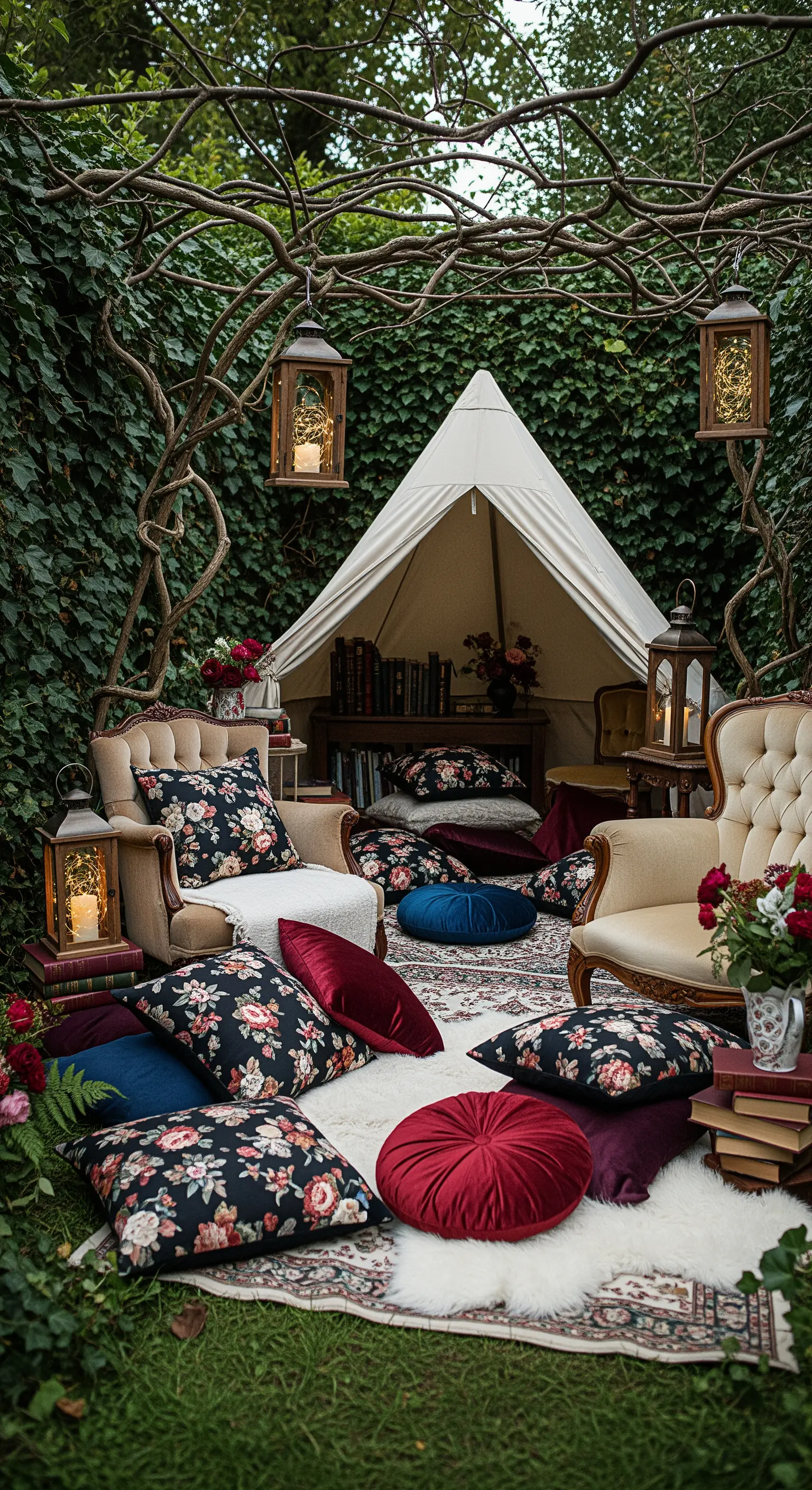 Angolo lettura in giardino con poltrone vintage, libri, cuscini floreali e una piccola tenda.