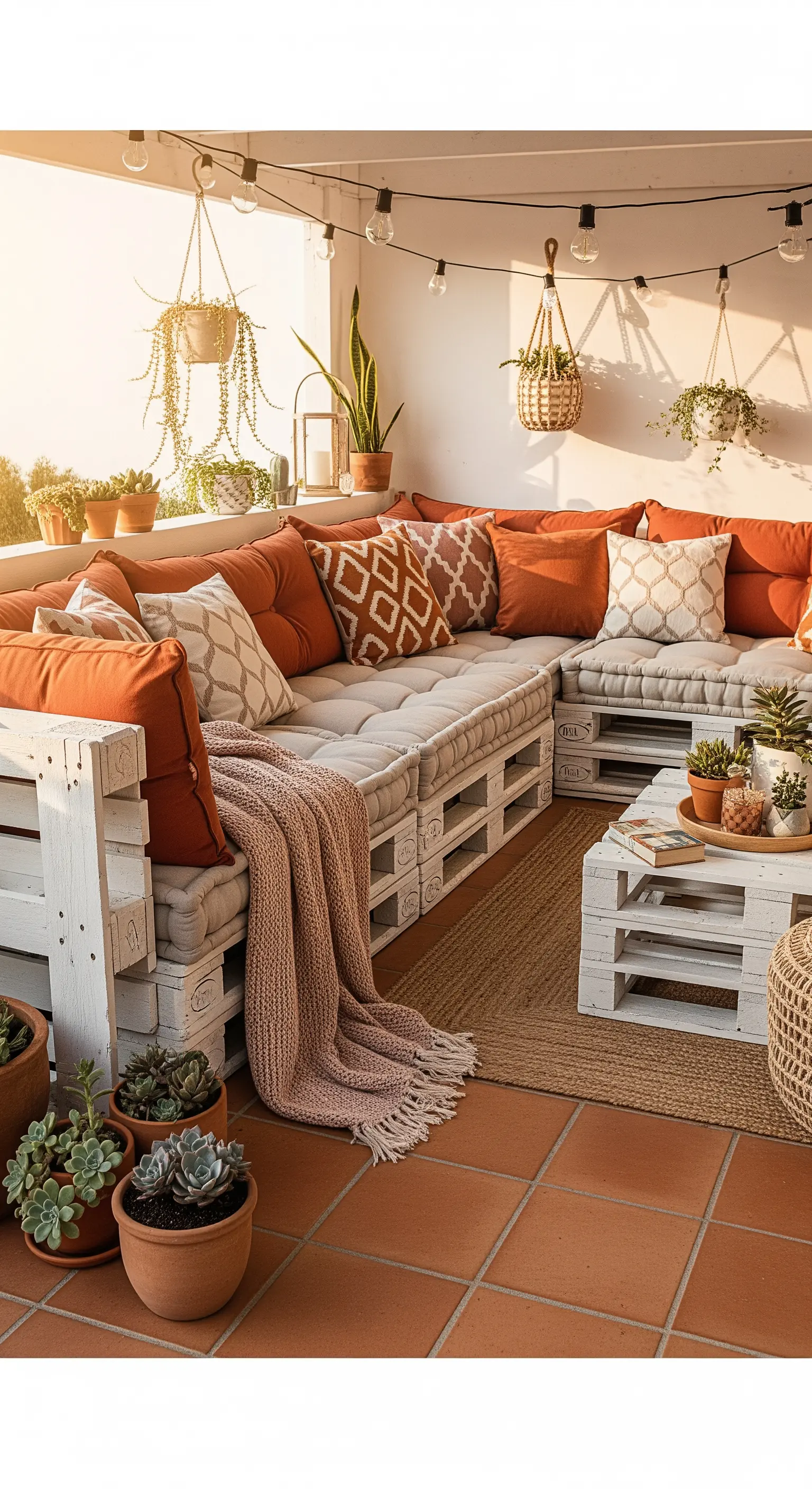 Divano angolare in pallet bianchi con cuscini color terracotta su un terrazzo