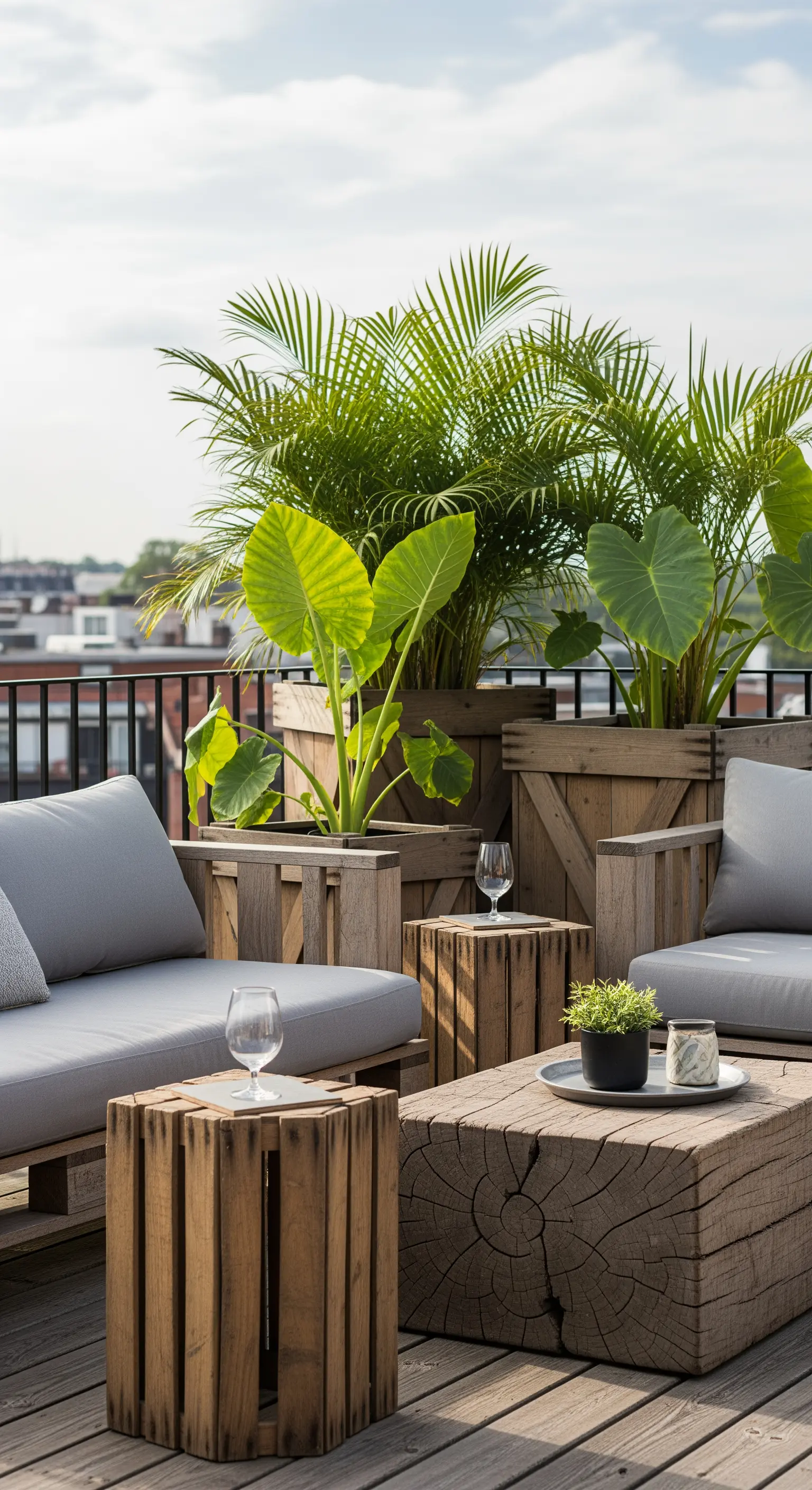 Salotto su terrazza con divani e tavolini realizzati con cassette di legno grezzo