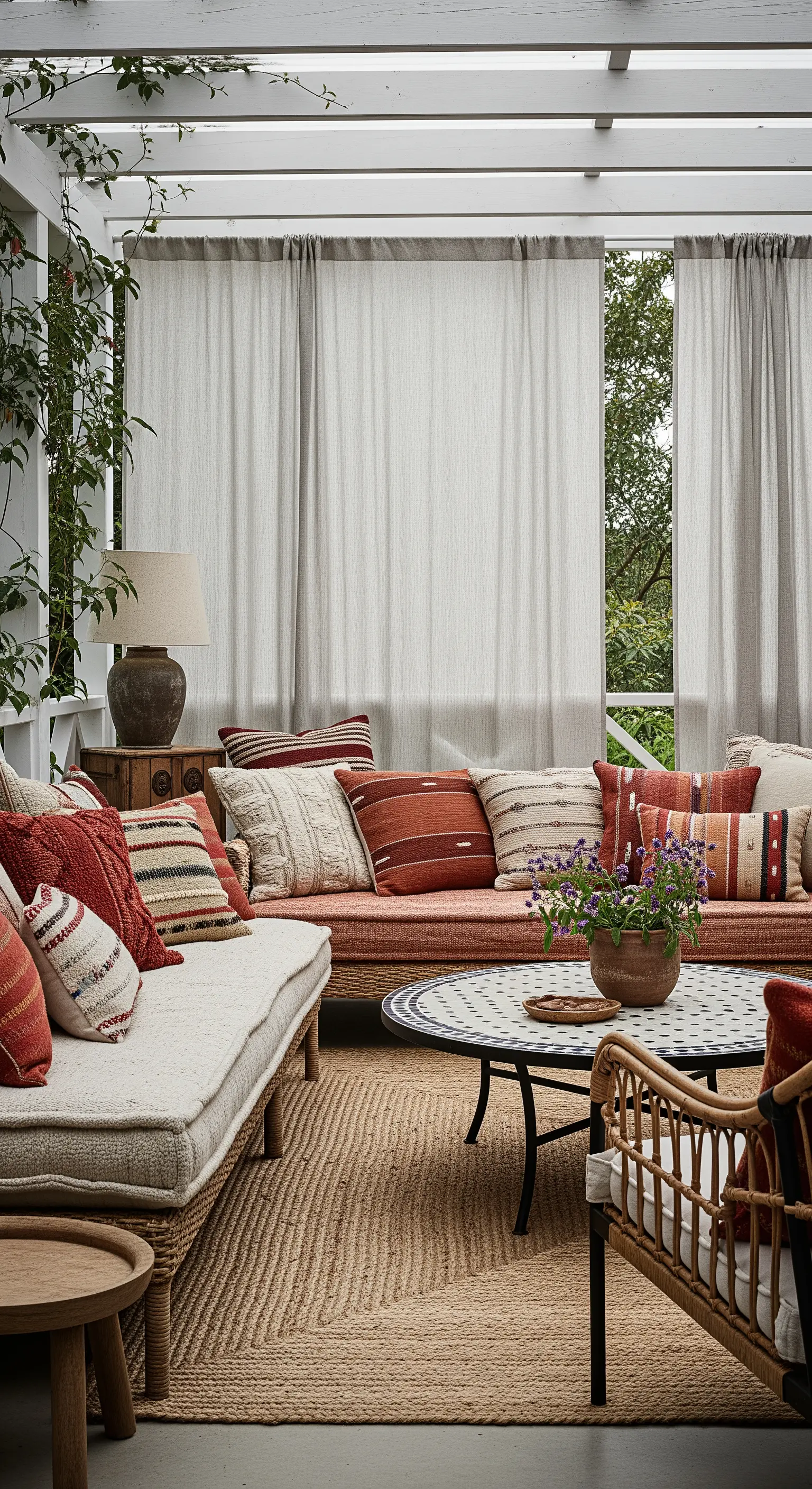 Veranda con divani in rattan, cuscini color terracotta e tende chiare.