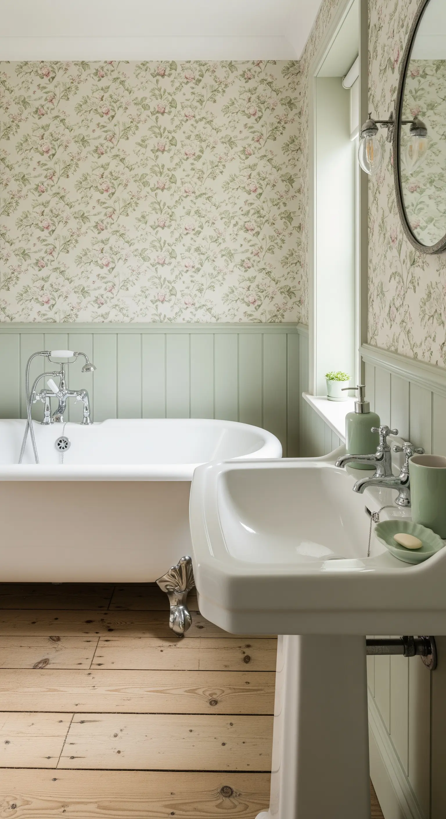 Bagno in stile country con boiserie verde salvia e carta da parati floreale.