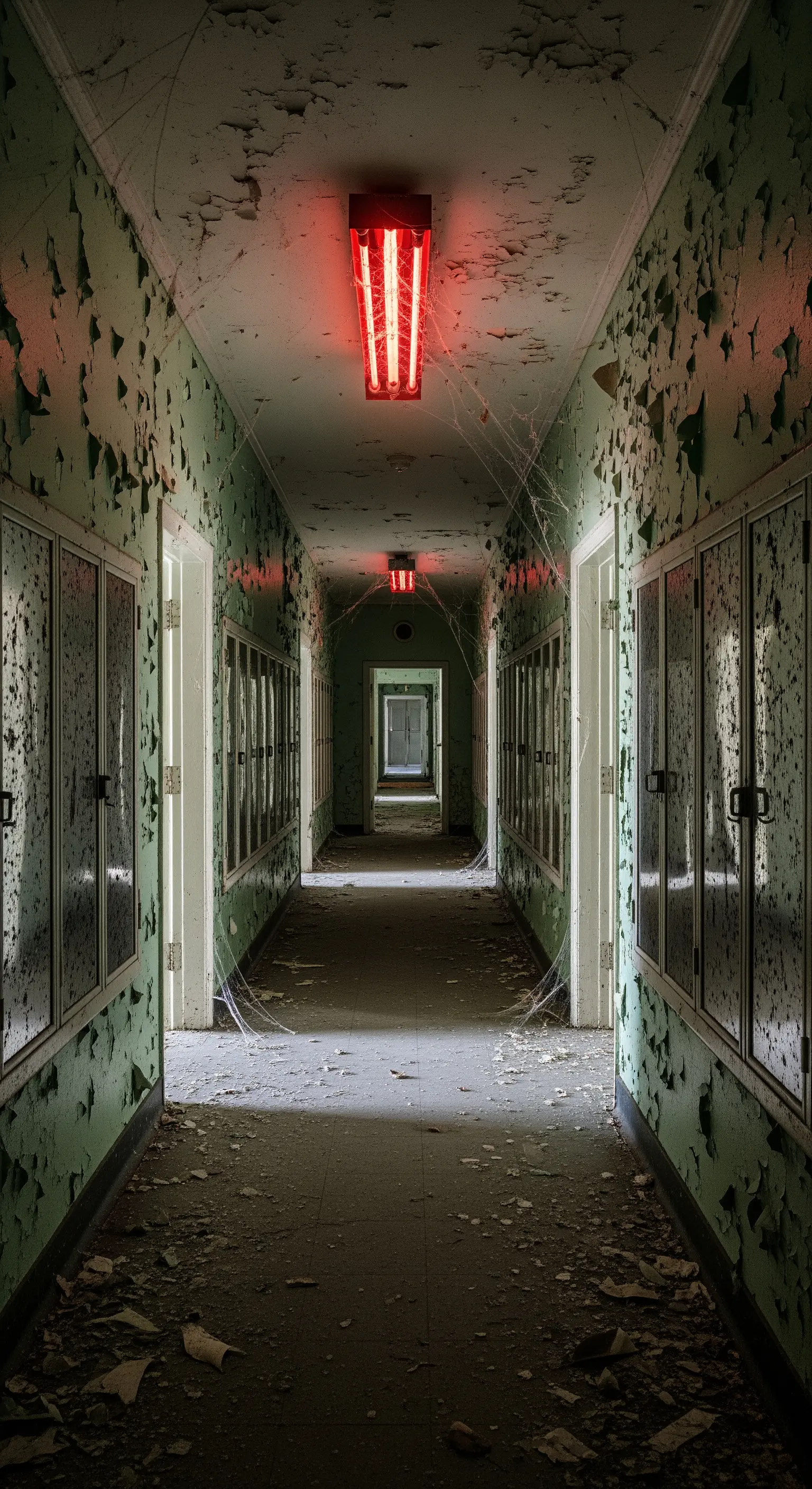 Corridoio di ospedale abbandonato con vernice scrostata e luci rosse.