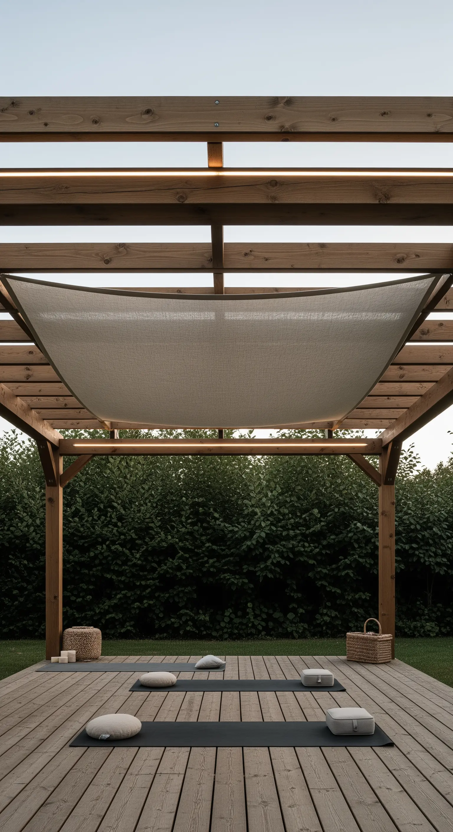 Pergolato in legno con un telo teso e tappetini da yoga sul pavimento.