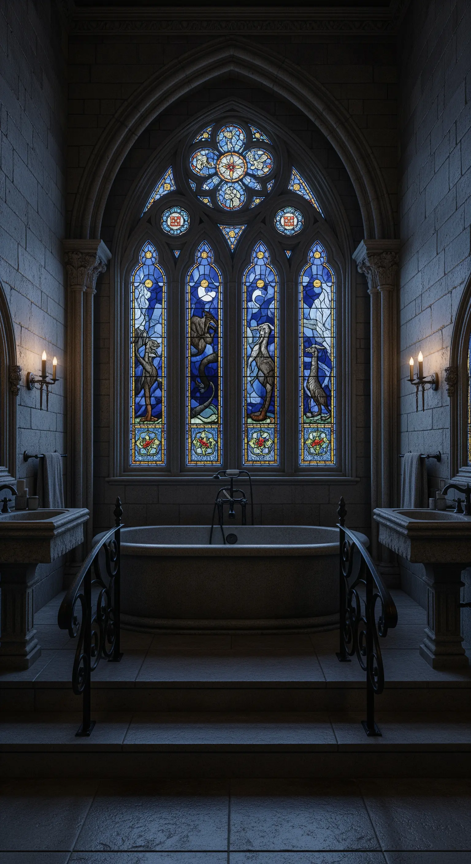 Bagno in stile cattedrale con una grande finestra a vetrata colorata e vasca in pietra