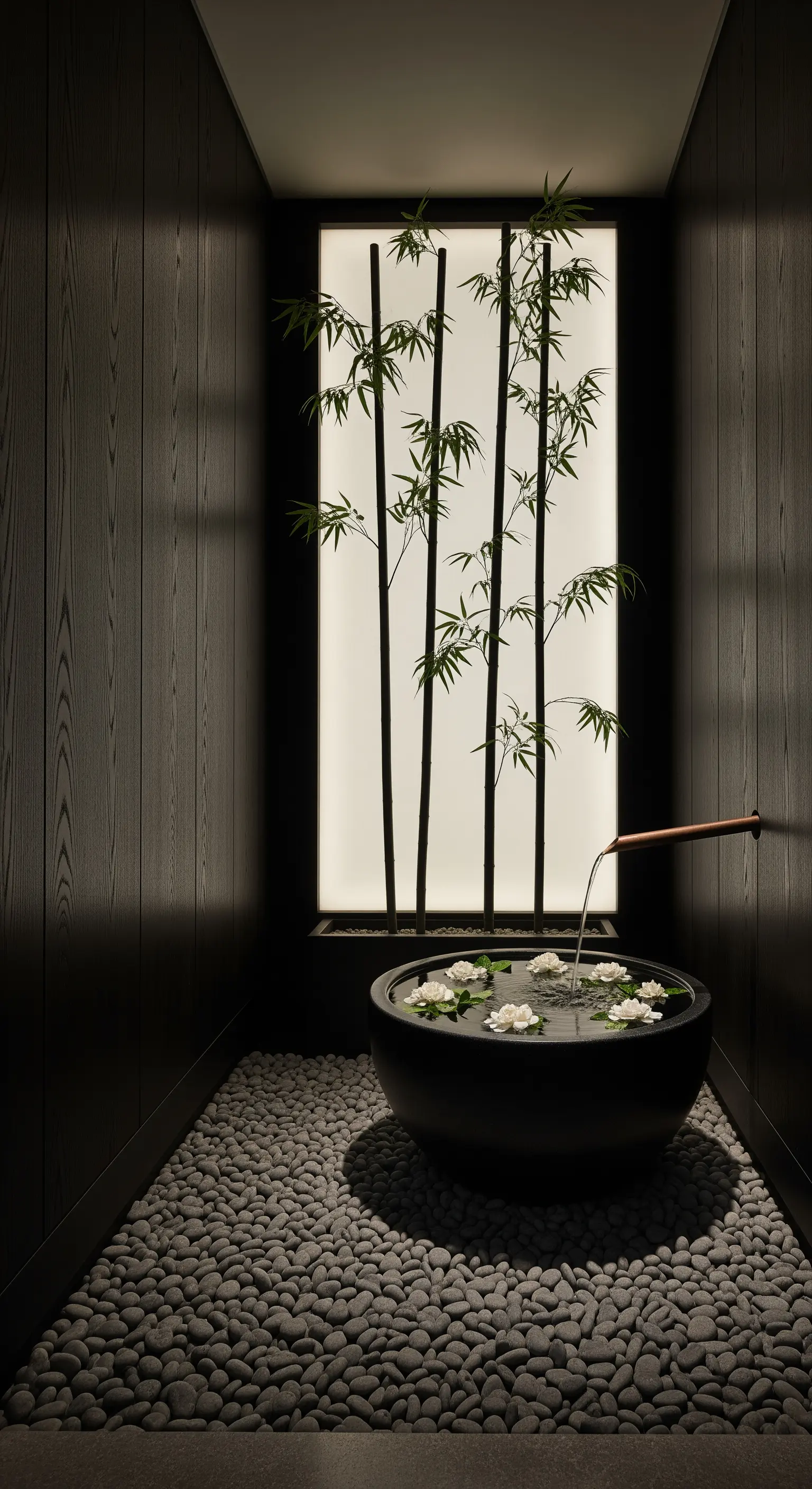 Spazio scuro con bambù retroilluminato, ciottoli e una vasca d'acqua con fiori bianchi.