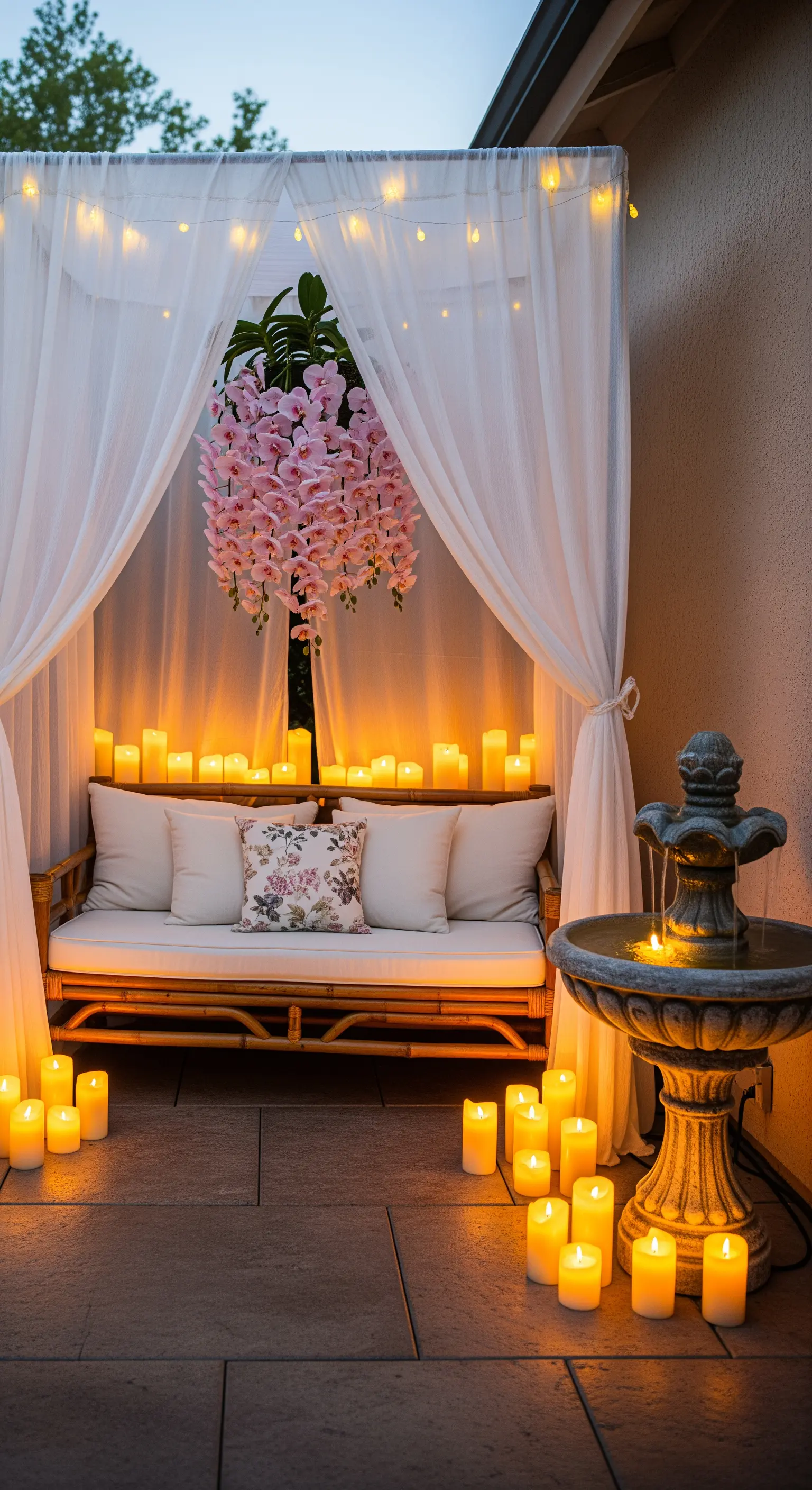 Angolo romantico con panca in bambù, tende bianche, orchidee e numerose candele a LED.