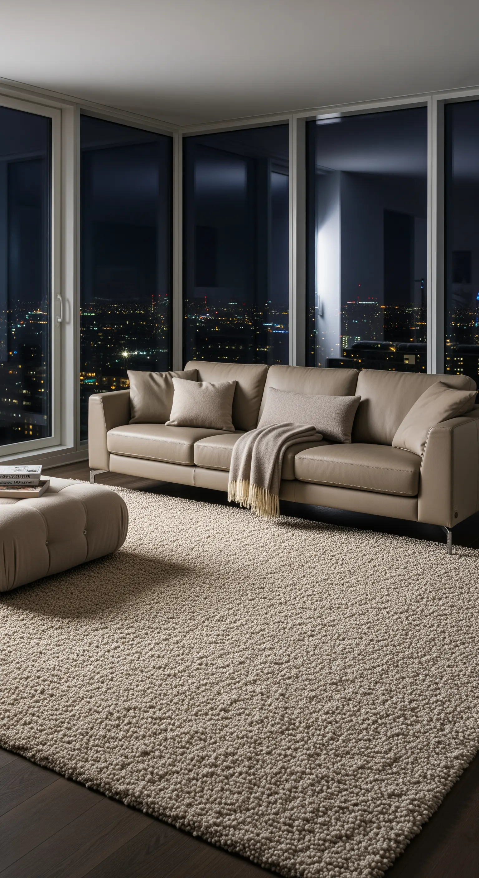 Salotto moderno con divano in pelle beige e tappeto a pelo lungo, con vista notturna sulla città.