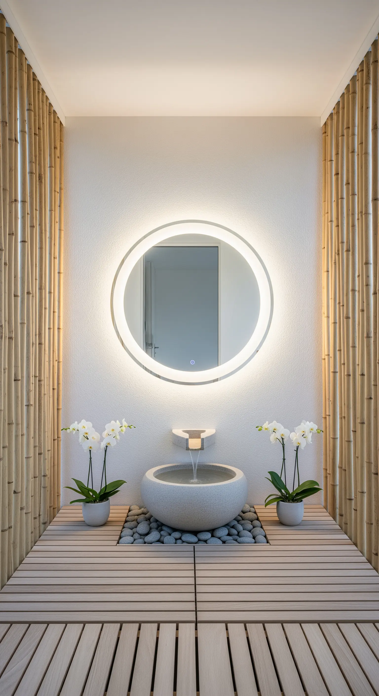 Angolo zen con pareti in bambù, specchio rotondo retroilluminato e lavabo in pietra con fontana.