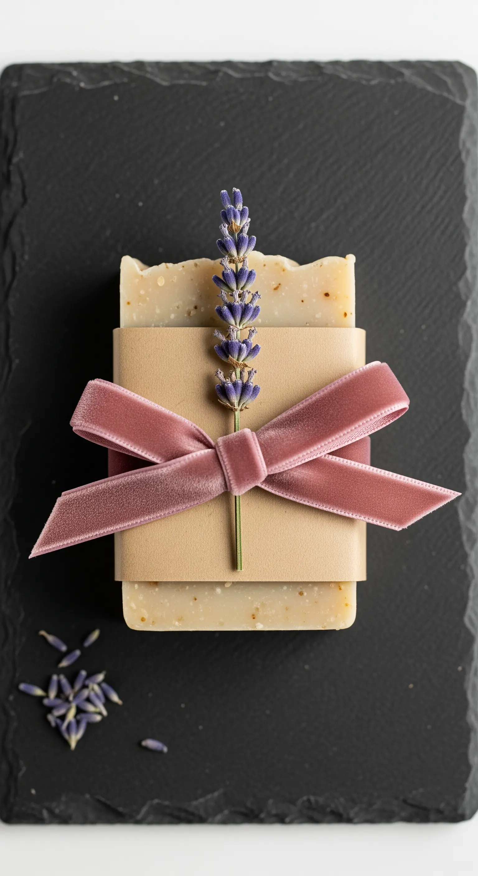 Sapone artigianale confezionato con carta kraft, nastro in velluto rosa e un rametto di lavanda.