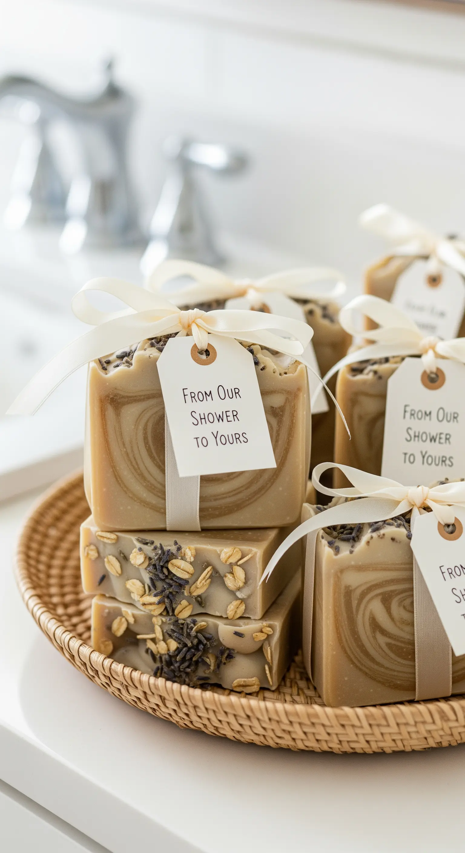 Saponette artigianali con avena e lavanda, confezionate con nastri bianchi ed etichette.