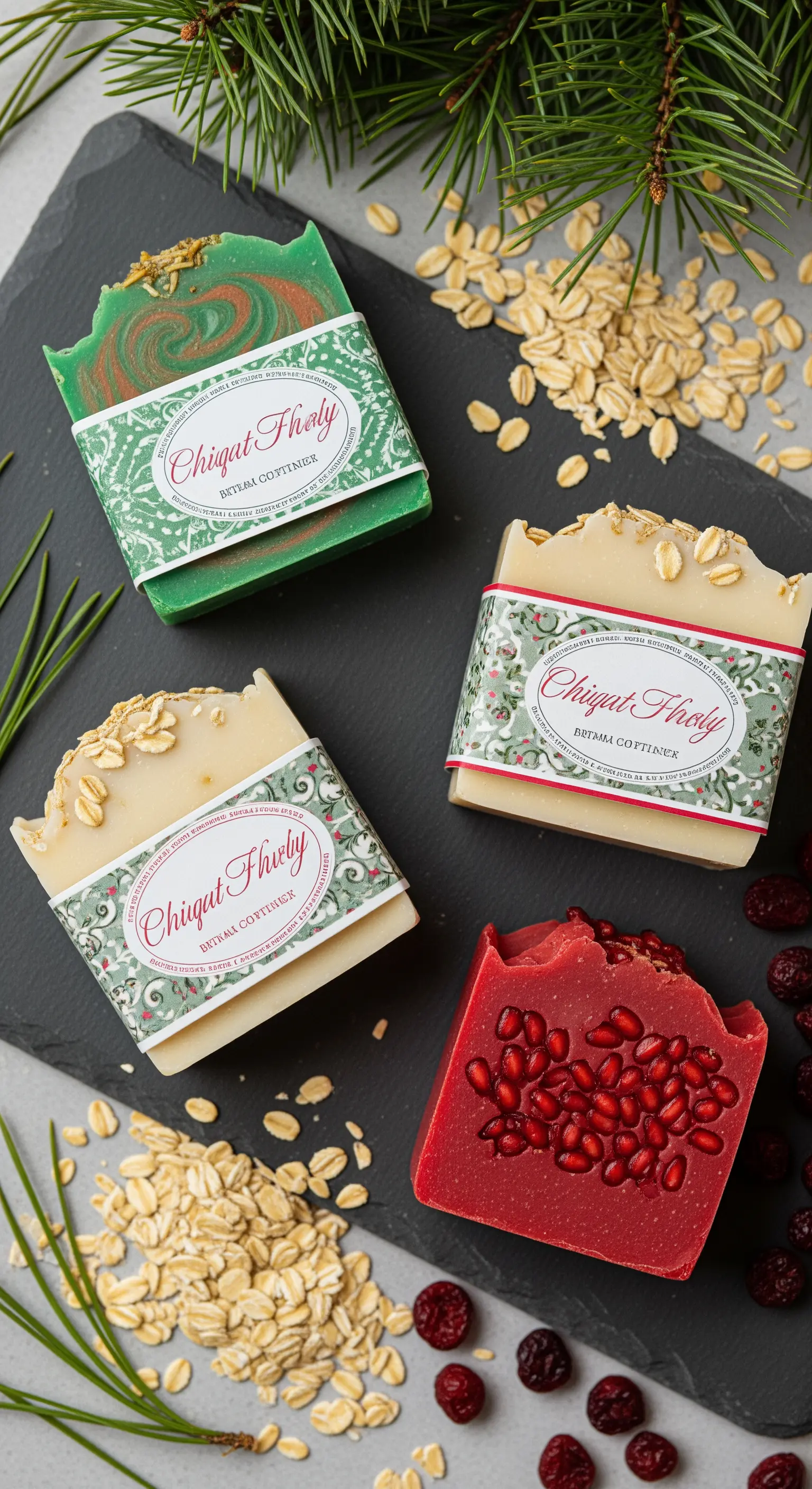 Selezione di saponi artigianali fatti a mano con ingredienti naturali come avena e melograno.