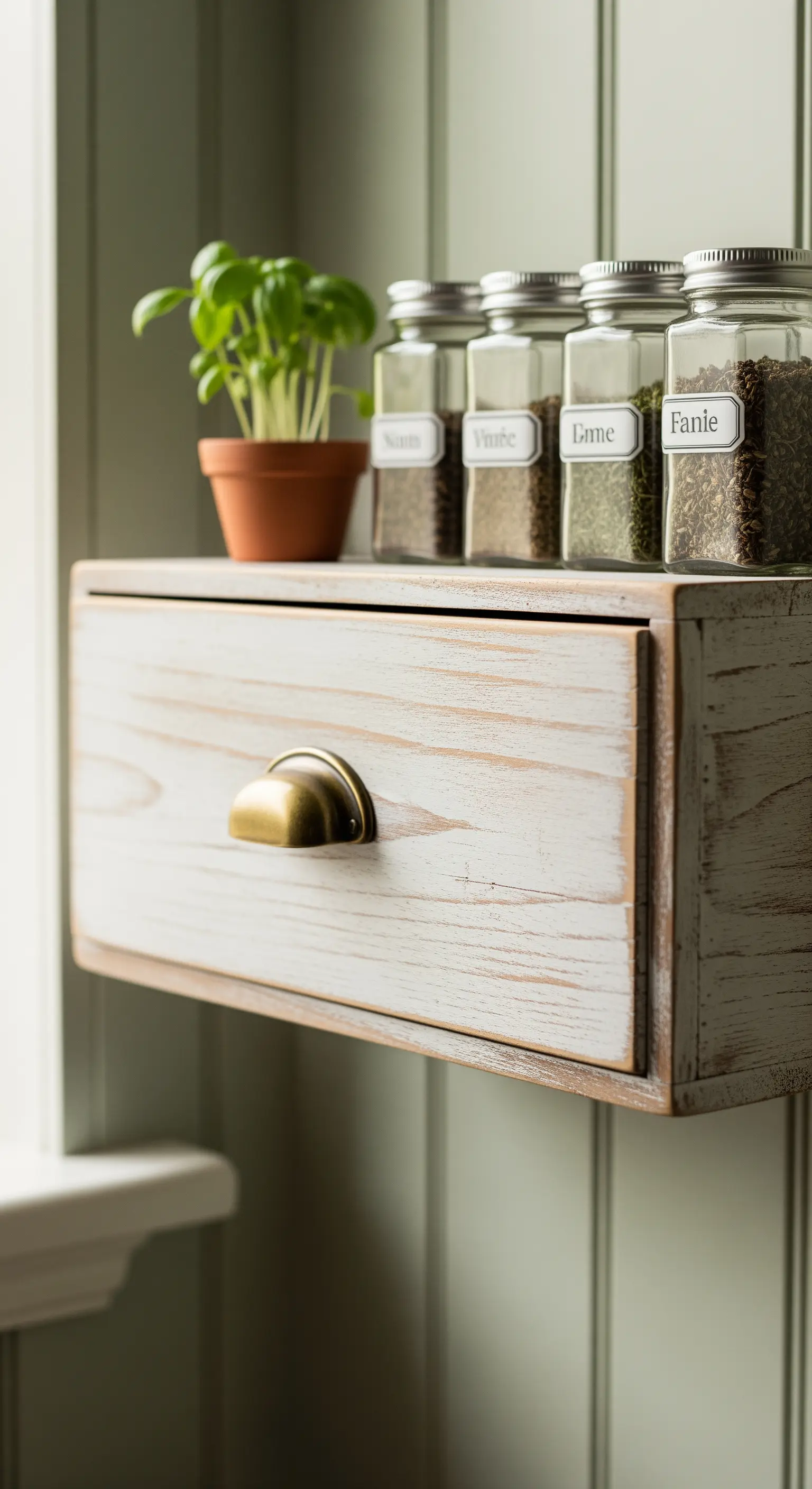 Cassetto bianco in legno decapato usato come mensola per barattoli di spezie ed erbe aromatiche.