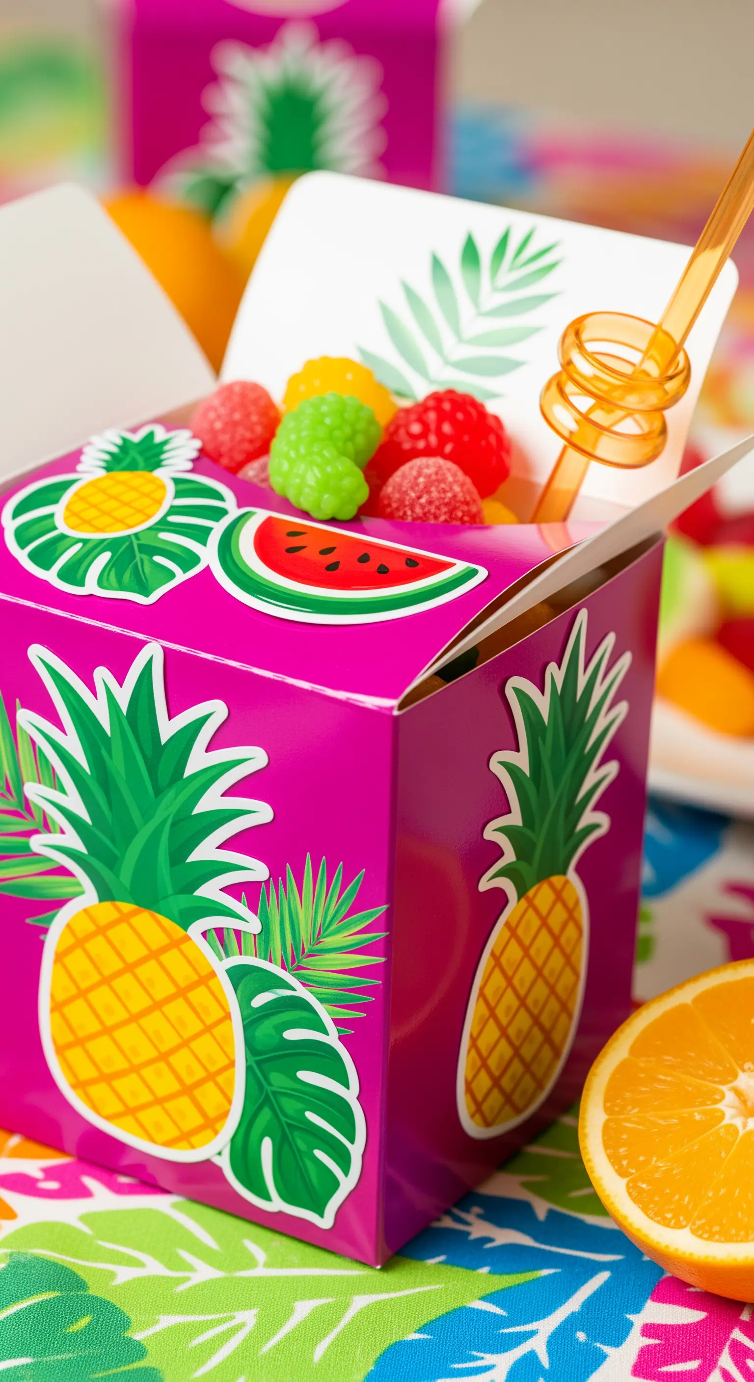Scatolina rosa a tema tropicale con adesivi di ananas e caramelle alla frutta.